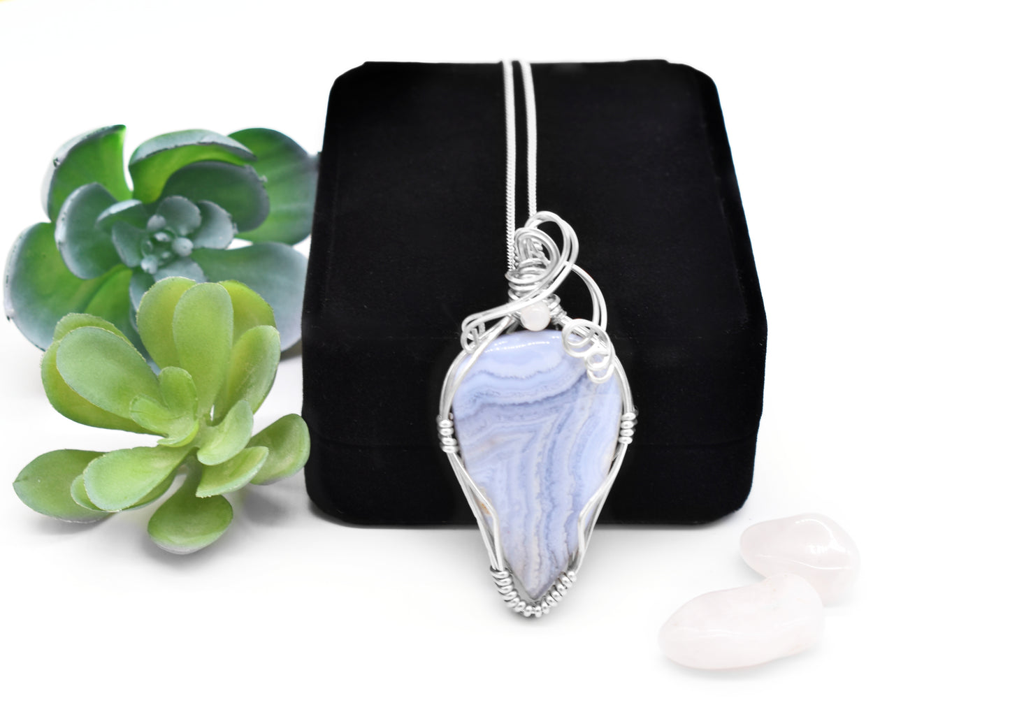 Blue Lace Agate and Pearl Sterling Silver Pendant/ "Many Rivers of Blue"