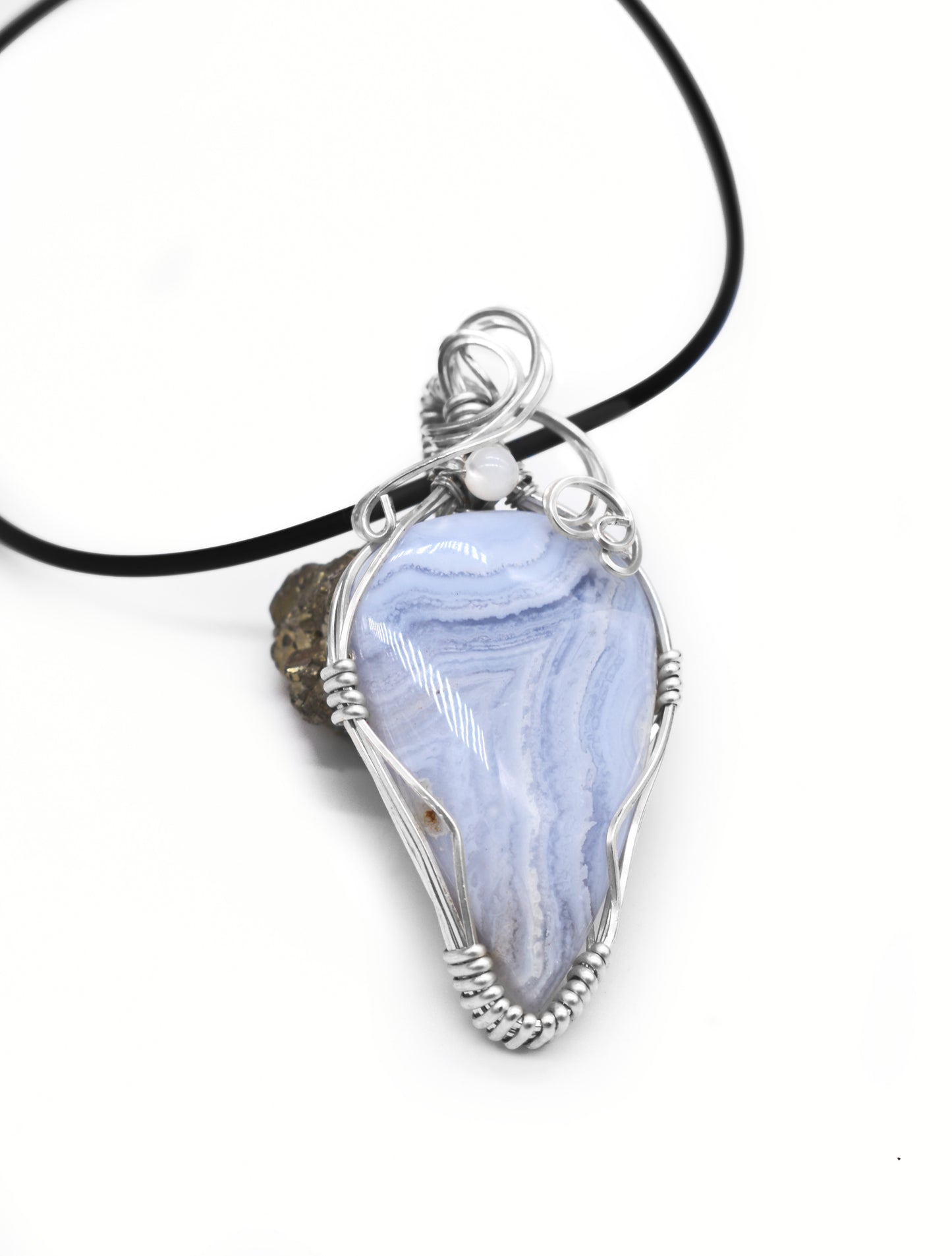 Blue Lace Agate and Pearl Sterling Silver Pendant/ "Many Rivers of Blue"
