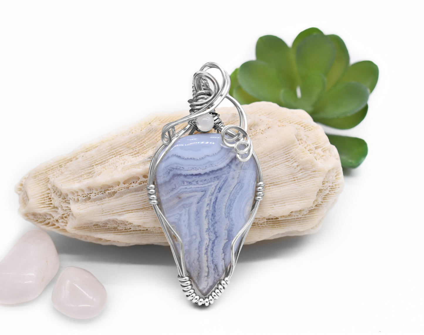 Blue Lace Agate and Pearl Sterling Silver Pendant/ "Many Rivers of Blue"