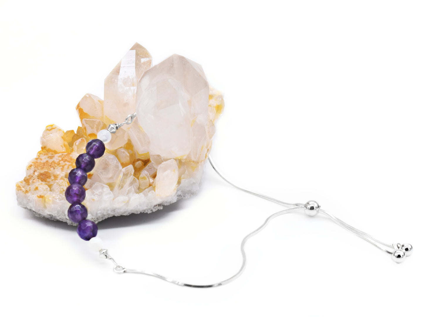 Amethyst and Pearl Sterling Silver Adjustable Bracelet