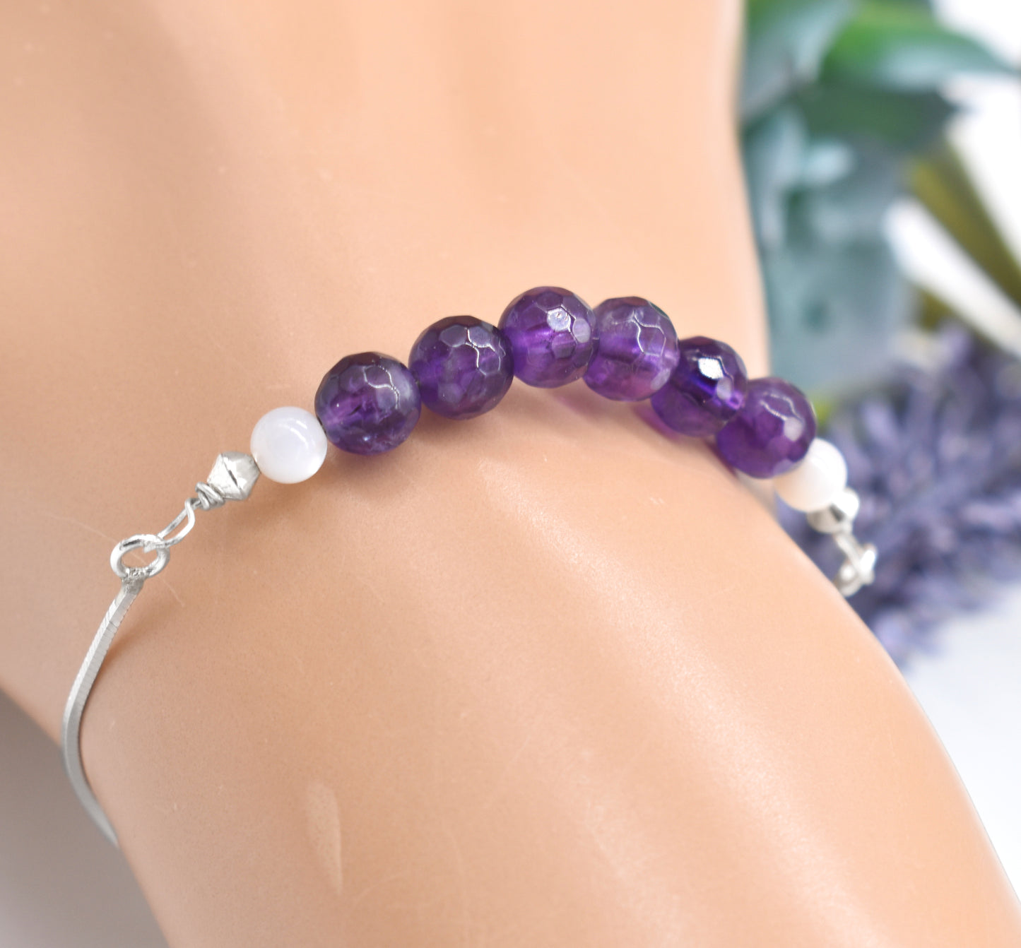 Amethyst and Pearl Sterling Silver Adjustable Bracelet