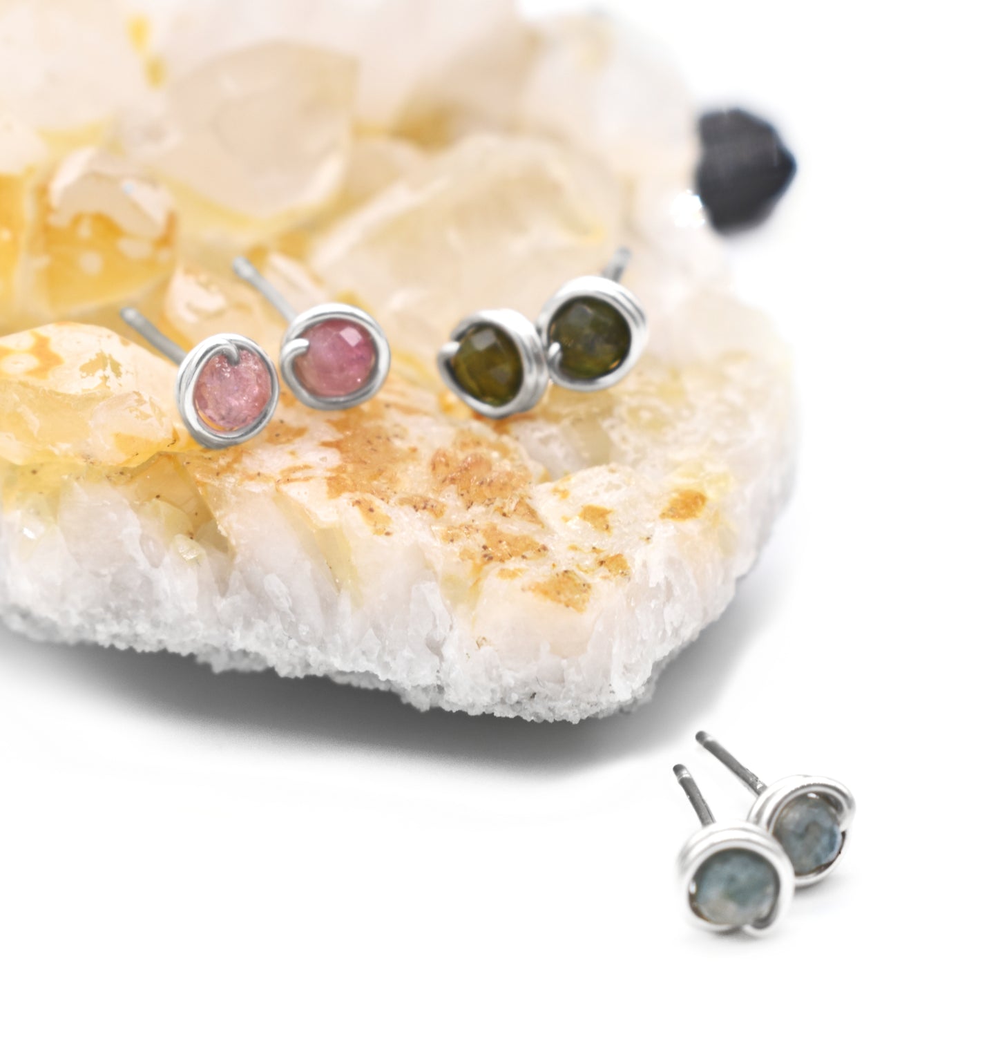 Pink, Blue and Green Tourmaline Reiki Healing Stud Earrings | Handmade Crystal Energy Jewelry
