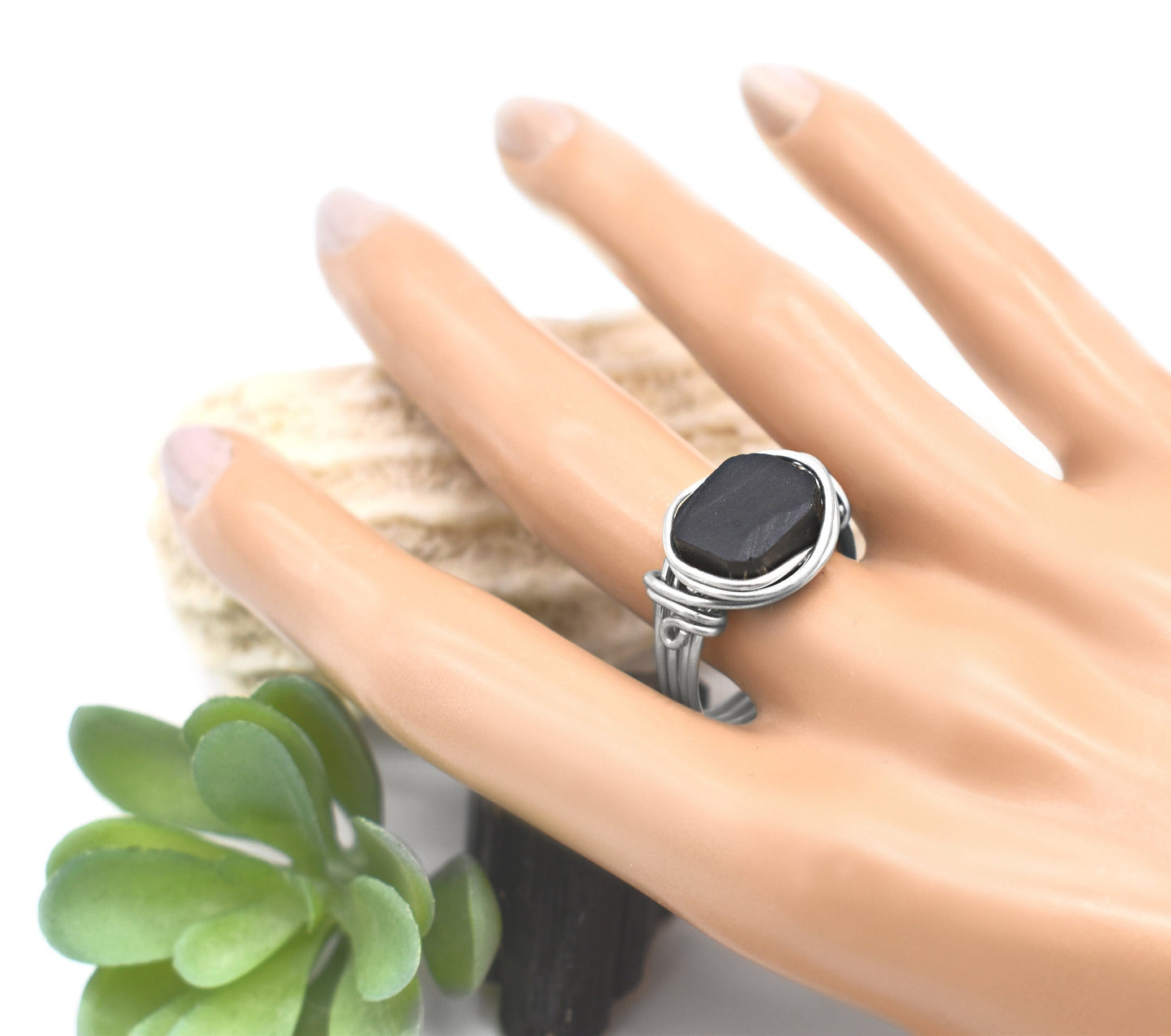 Square Raw Black Tourmaline Meditation Ring
