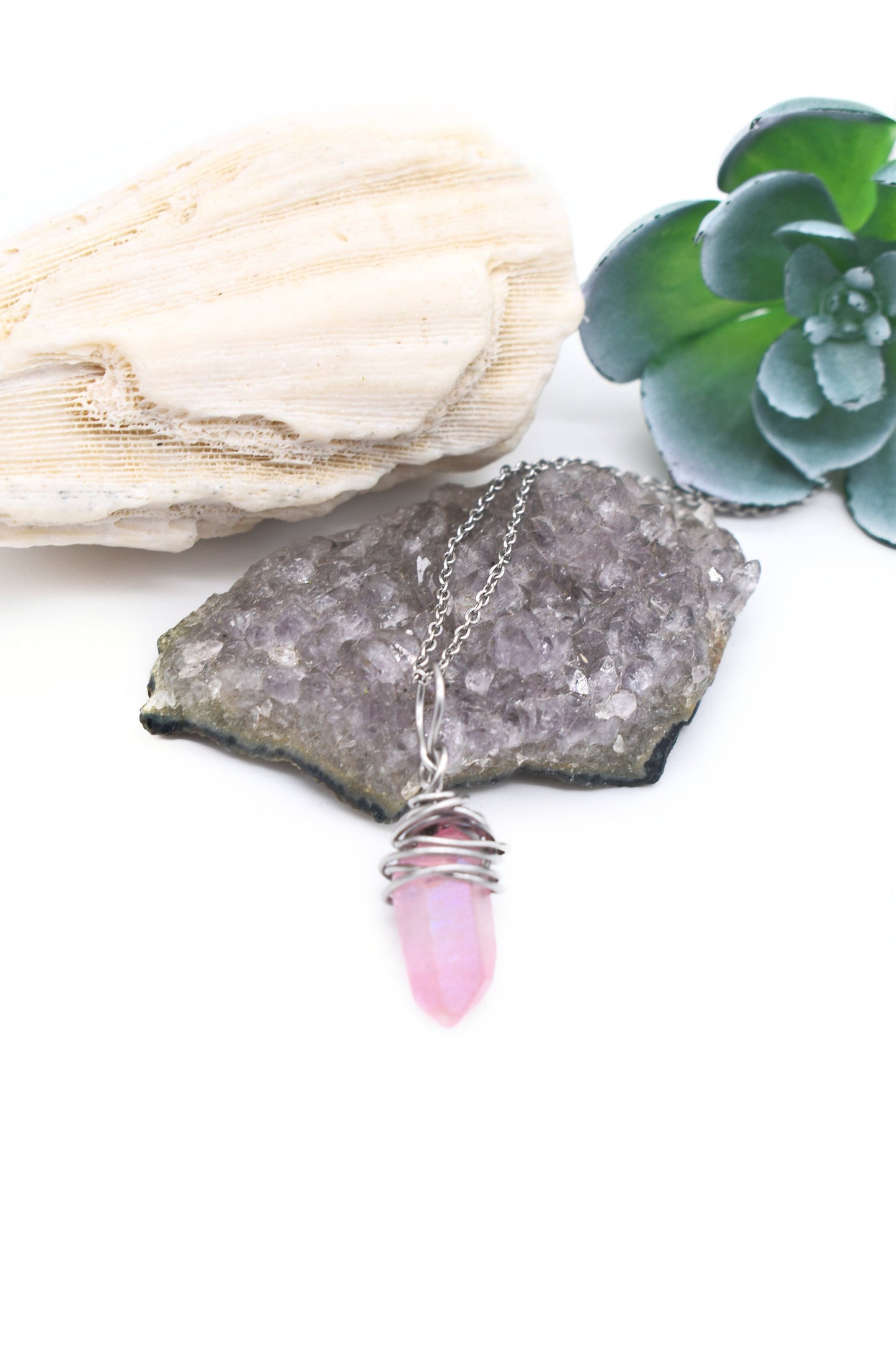 Stainless Pink Aura Quartz Pendant/ Elegant Amulets/ Meditation Gifts/ Personal Gifts