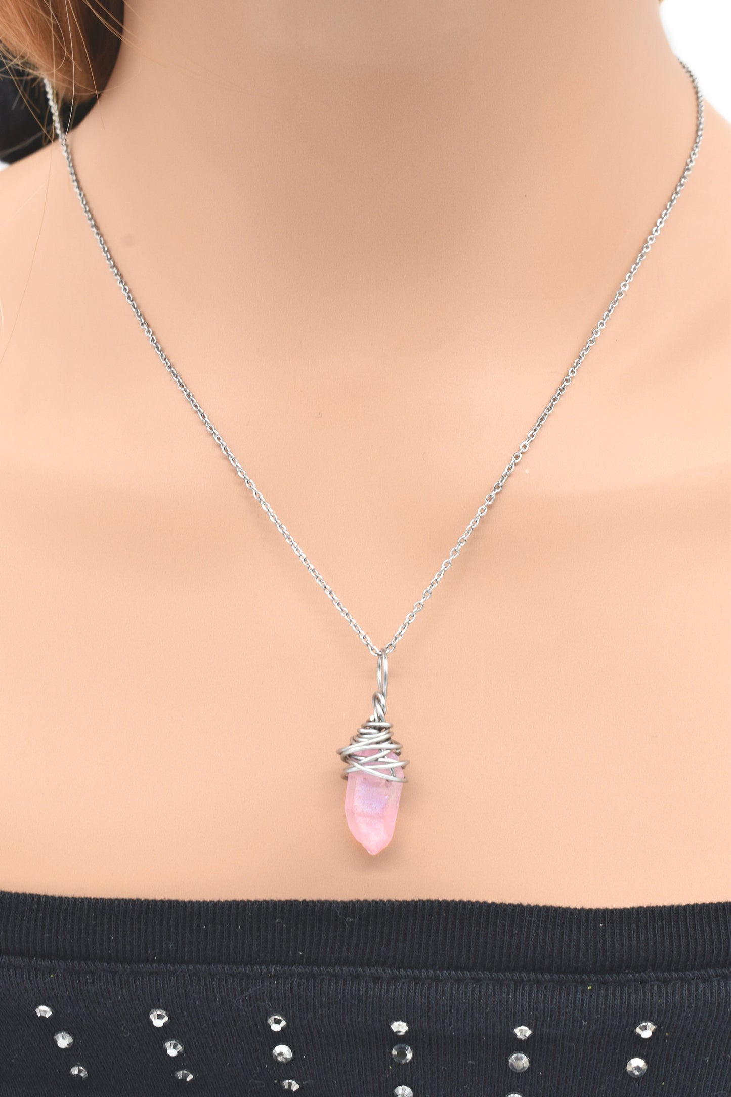 Stainless Pink Aura Quartz Pendant/ Elegant Amulets/ Meditation Gifts/ Personal Gifts