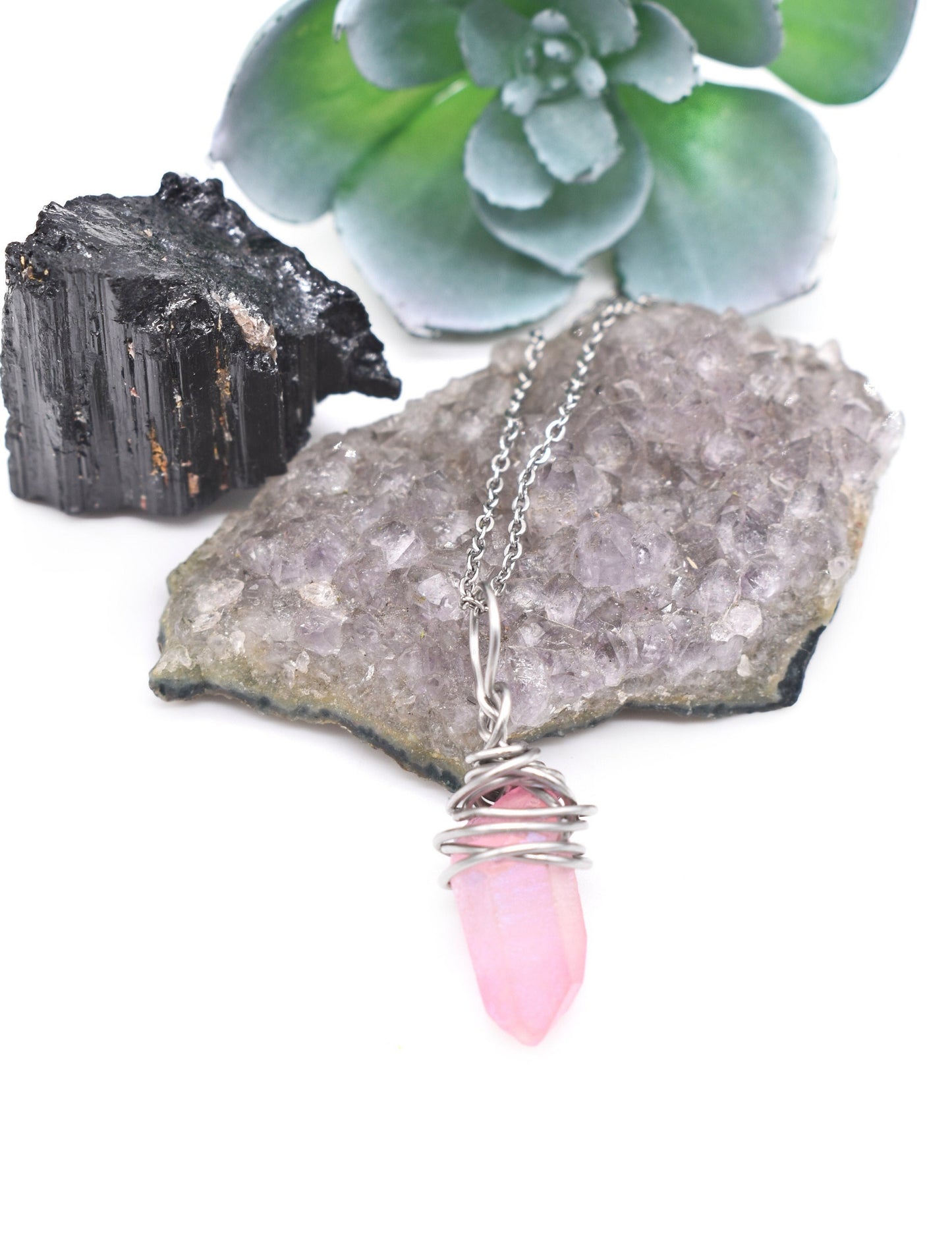 Stainless Pink Aura Quartz Pendant/ Elegant Amulets/ Meditation Gifts/ Personal Gifts