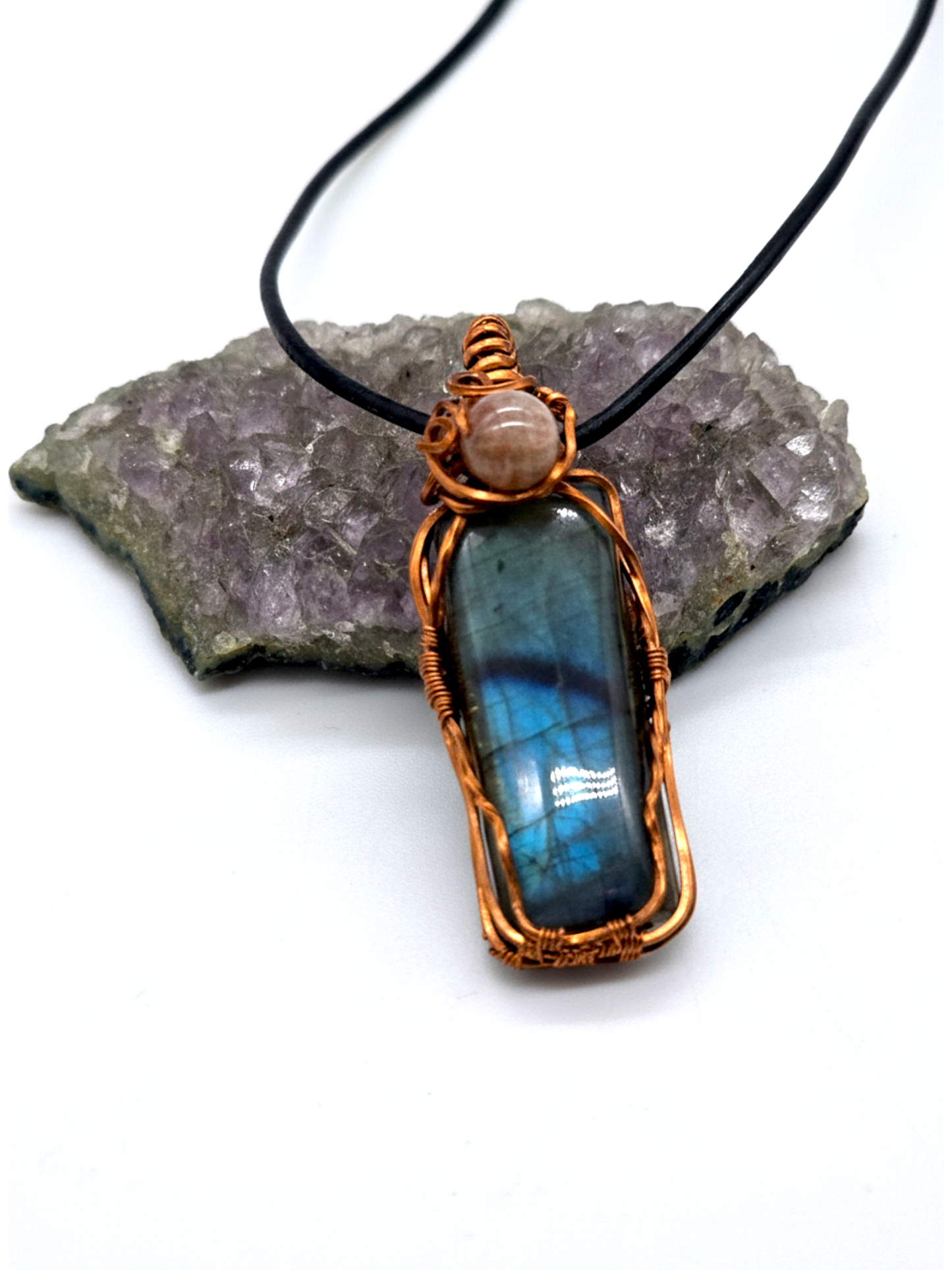 Copper Wire Wrapped Labradorite and Sunstone Pendant – Intuition, Joy and Protective Healing Energy