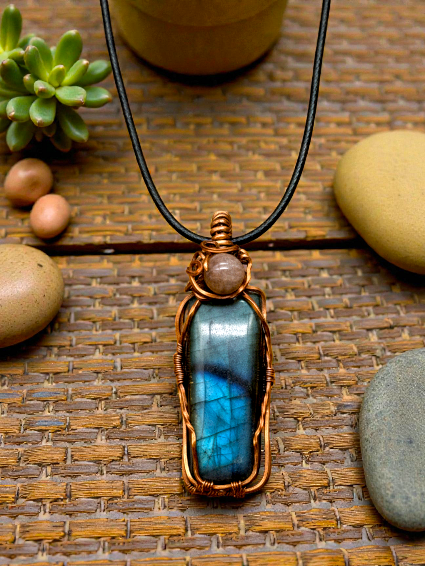 Copper Wire Wrapped Labradorite and Sunstone Pendant – Intuition, Joy and Protective Healing Energy