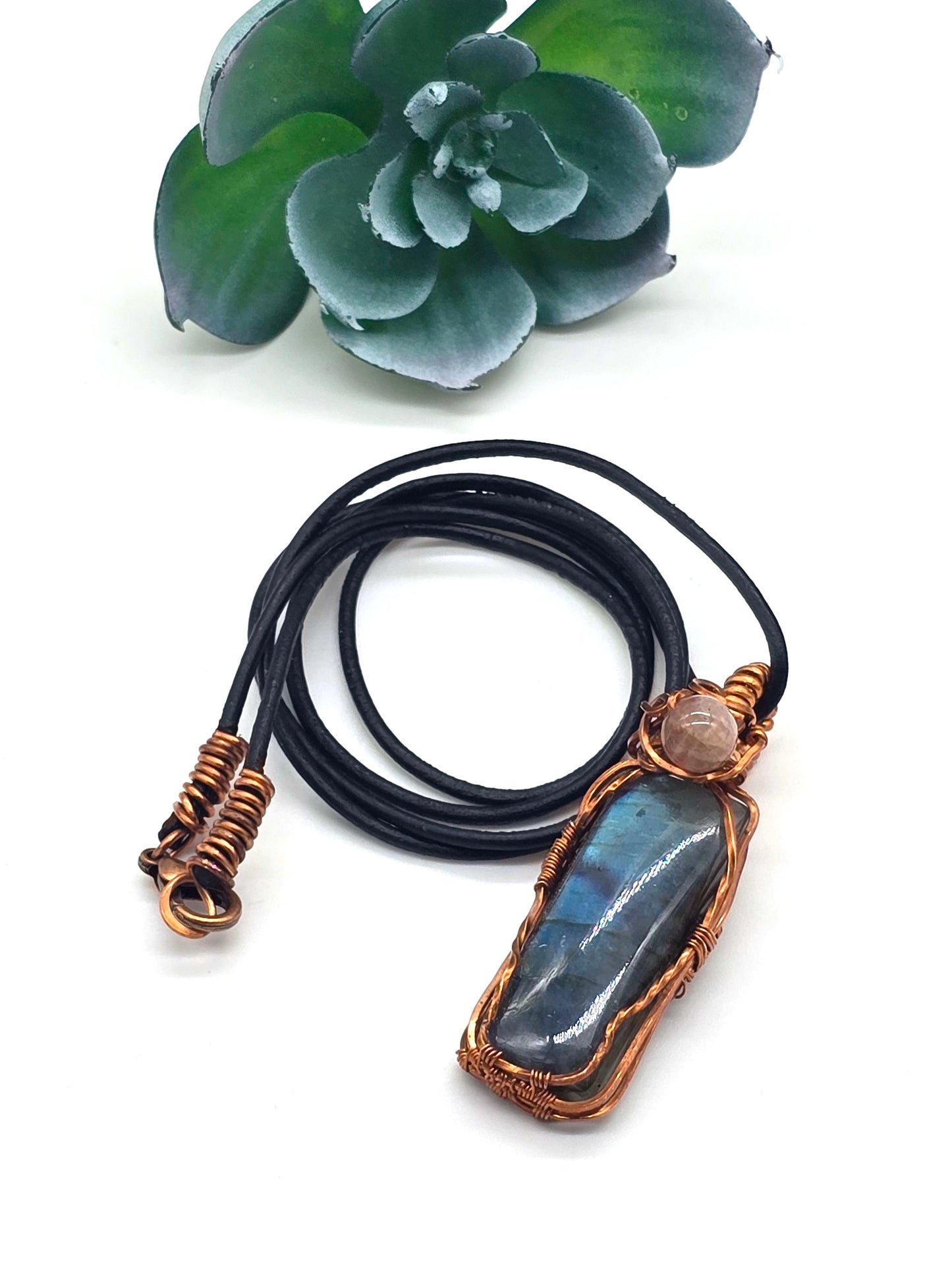 Copper Wire Wrapped Labradorite and Sunstone Pendant – Intuition, Joy and Protective Healing Energy