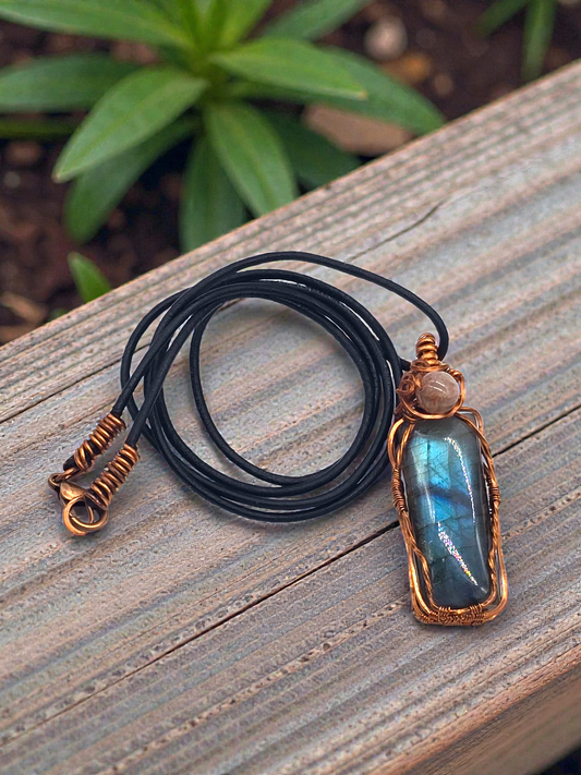 Copper Wire Wrapped Labradorite and Sunstone Pendant – Intuition, Joy and Protective Healing Energy