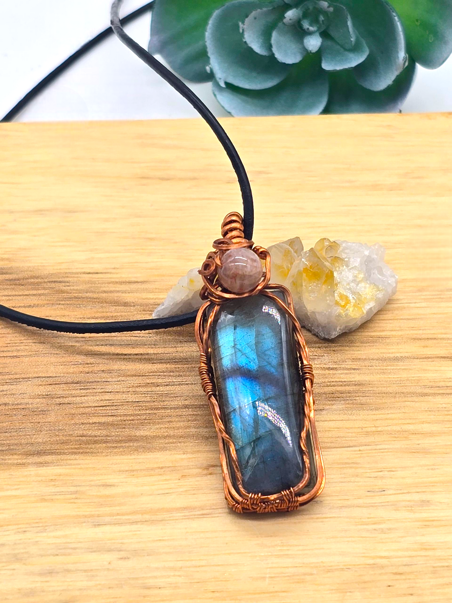 Copper Wire Wrapped Labradorite and Sunstone Pendant – Intuition, Joy and Protective Healing Energy