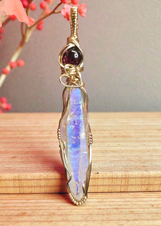Wire-Wrapped Aura Quartz and Red Garnet Pendant ✨  14K Gold-Filled • Handcrafted • One of a Kind