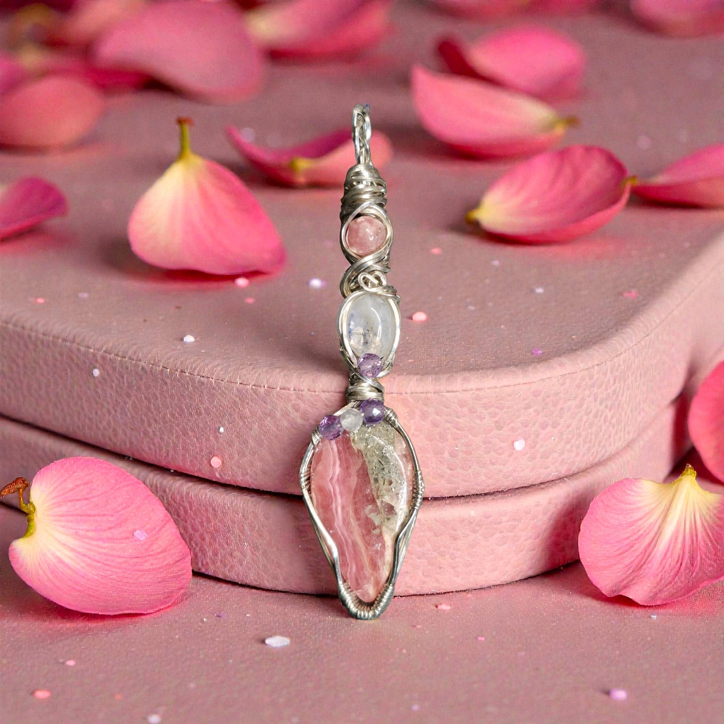 Wire-Wrapped Rhodolite and Moonstone Pendant ✨Sterling Silver • Amethyst and Rose Quartz Micro-Faceted Highlights