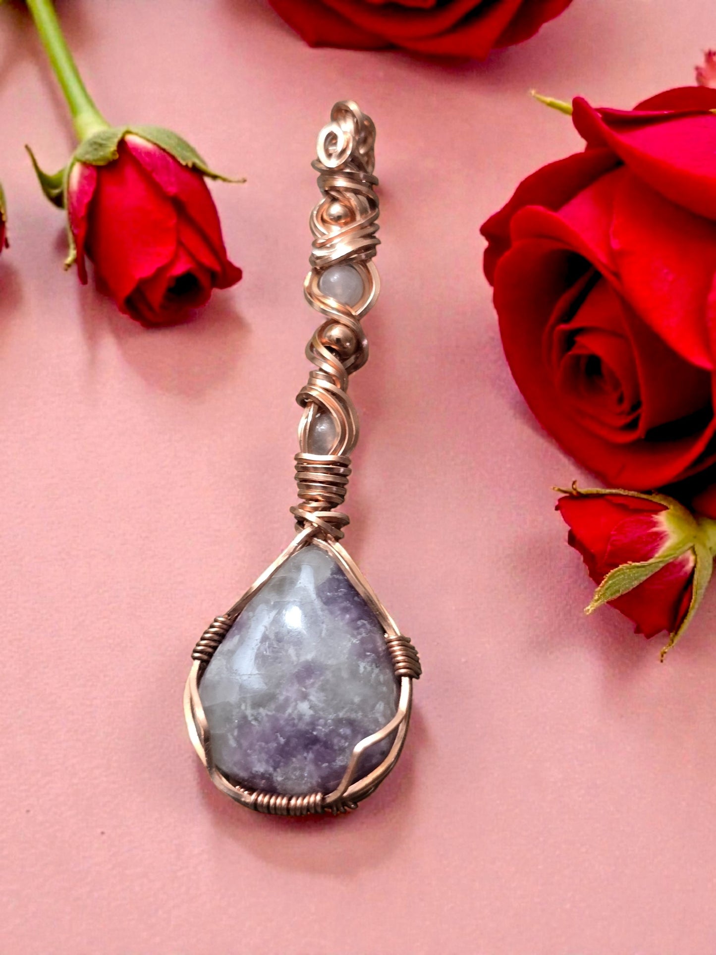 Stunning Wire-Wrapped Lepidolite and Rose Quartz Pendant ✨with Copper Bead Accents