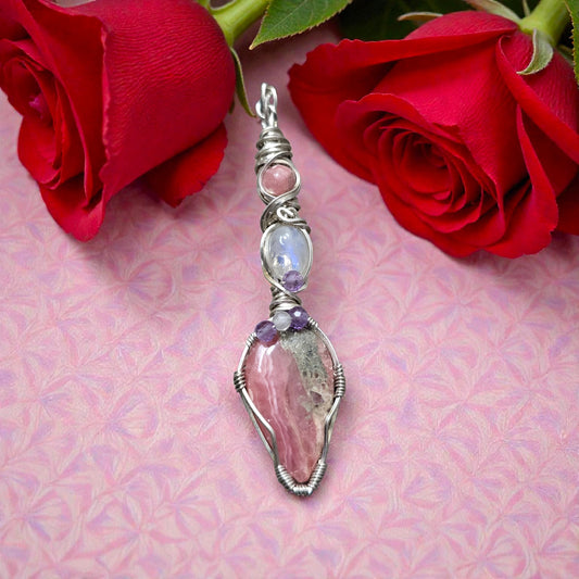 Wire-Wrapped Rhodolite and Moonstone Pendant ✨Sterling Silver • Amethyst and Rose Quartz Micro-Faceted Highlights