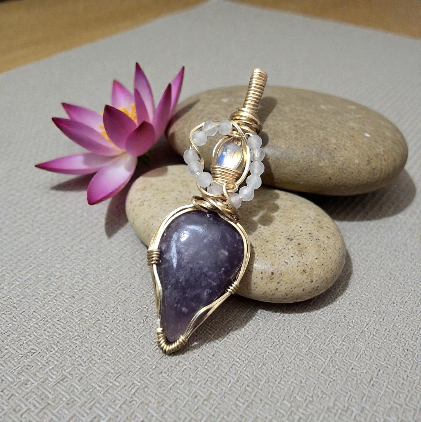 Lepidolite and Moonstone Pendant ✨ 14K Gold-Filled • Micro-Faceted Rose Quartz Highlights