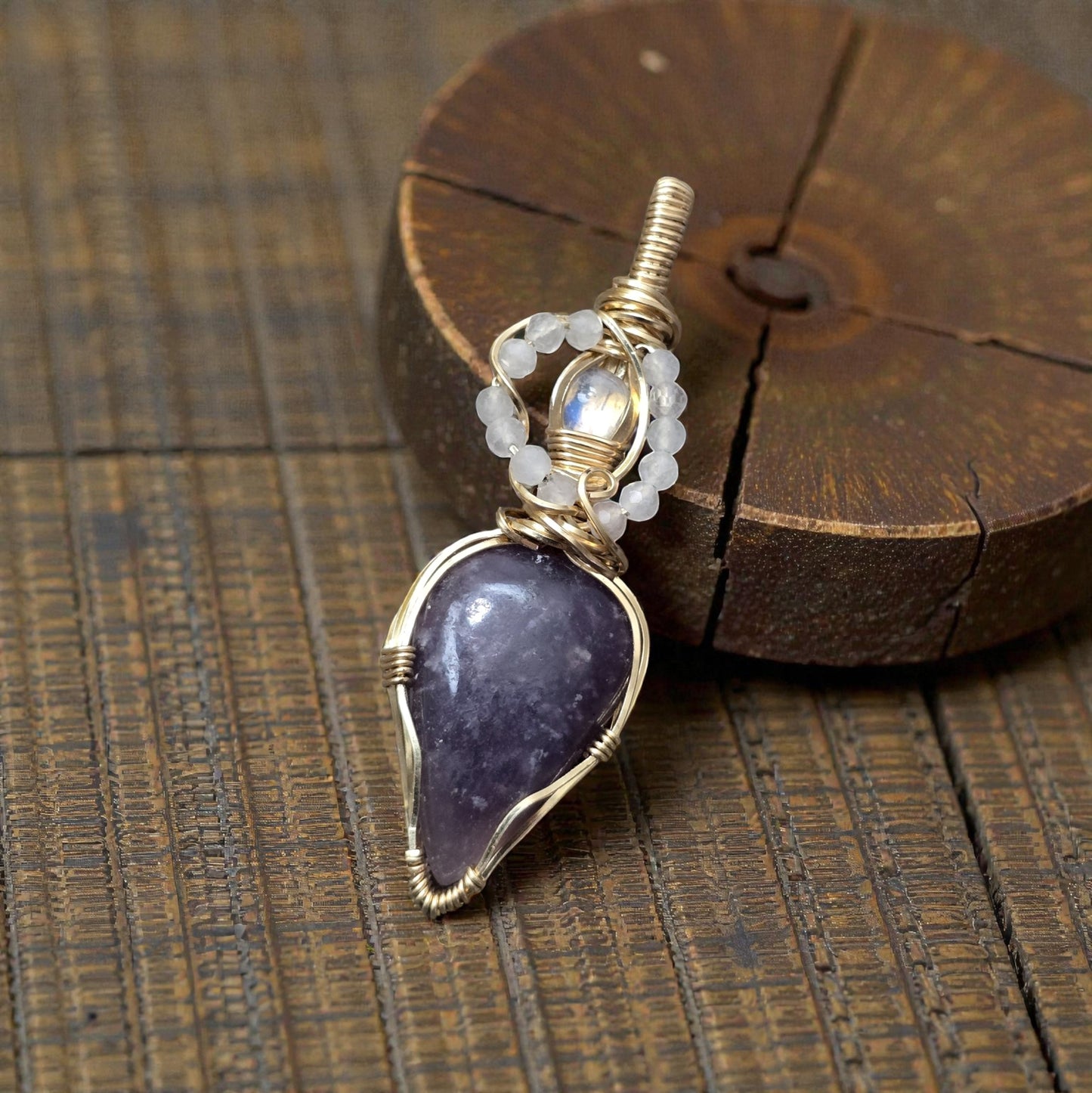 Lepidolite and Moonstone Pendant ✨ 14K Gold-Filled • Micro-Faceted Rose Quartz Highlights