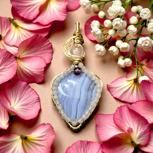 Wire-Wrapped Blue Lace Agate and Rose Quartz Pendant ✨  14K Gold-Filled • Faceted Amethyst Center • Micro-Faceted Rose Quartz Highlights