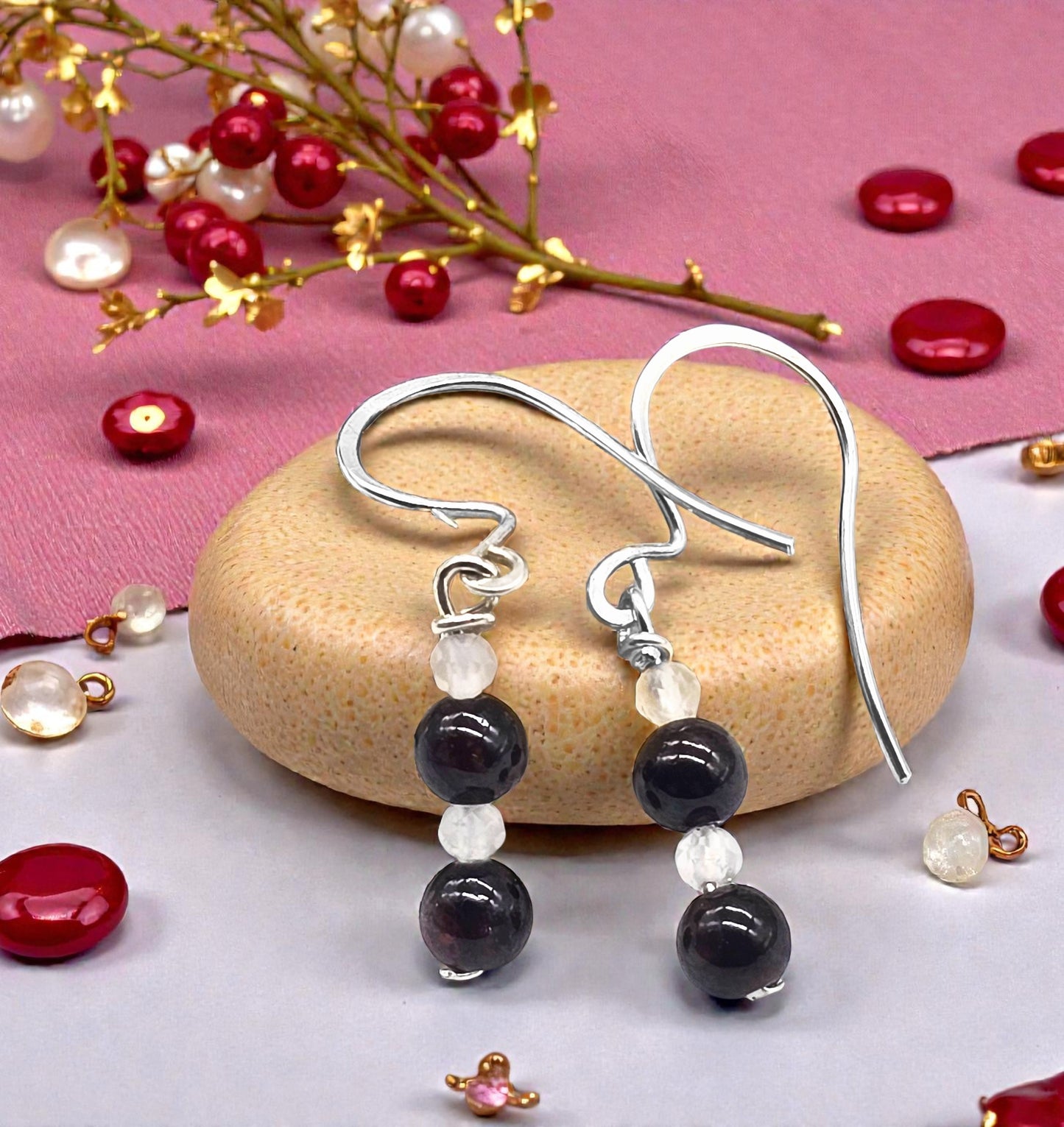 Reiki Healing Garnet and Micro-Faceted Rose Quartz Short Drop Earrings