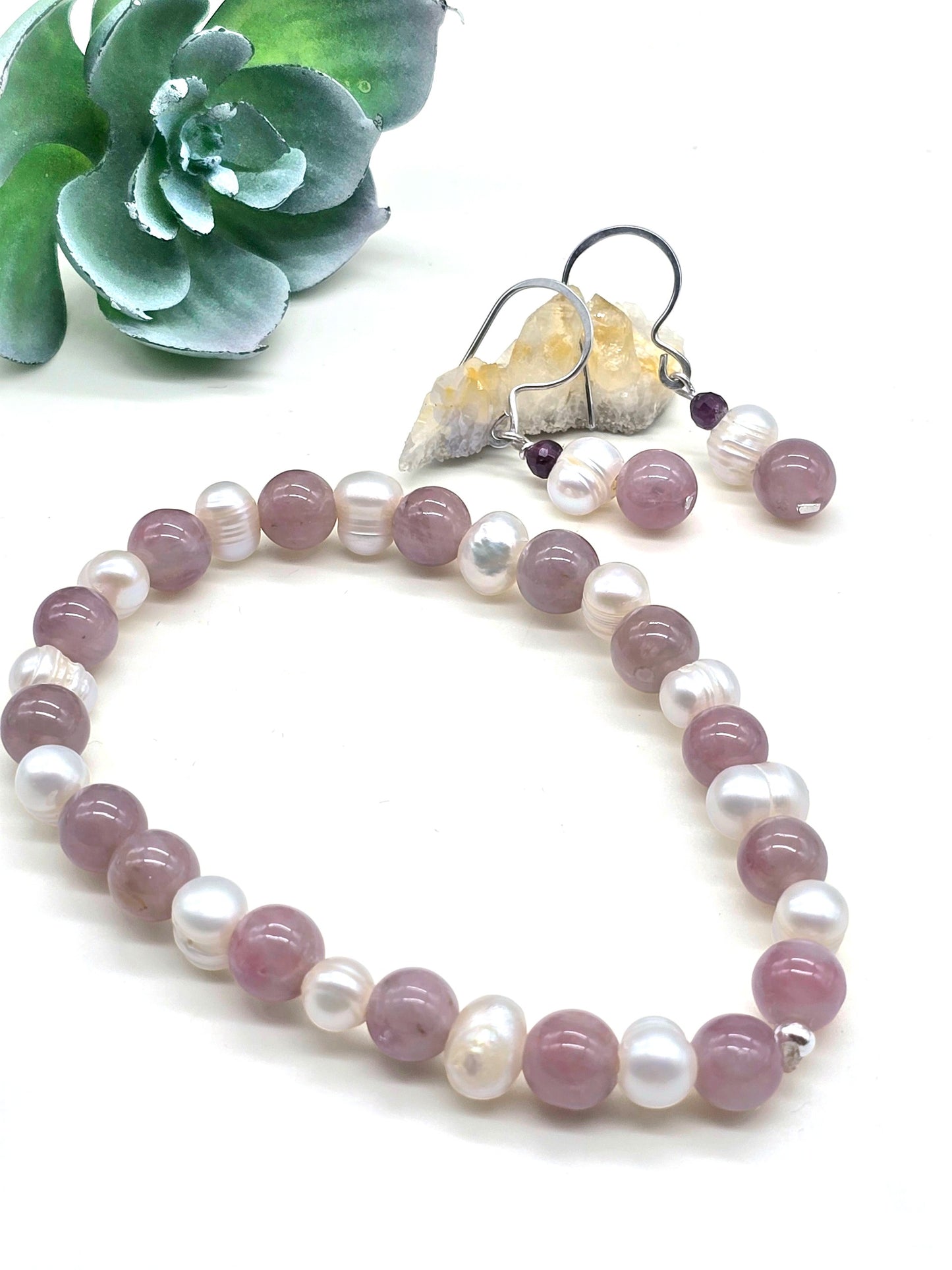Freshwater Pear and Madagascar Rose Quartz Bracelet and Earring Matching Jewelry Set