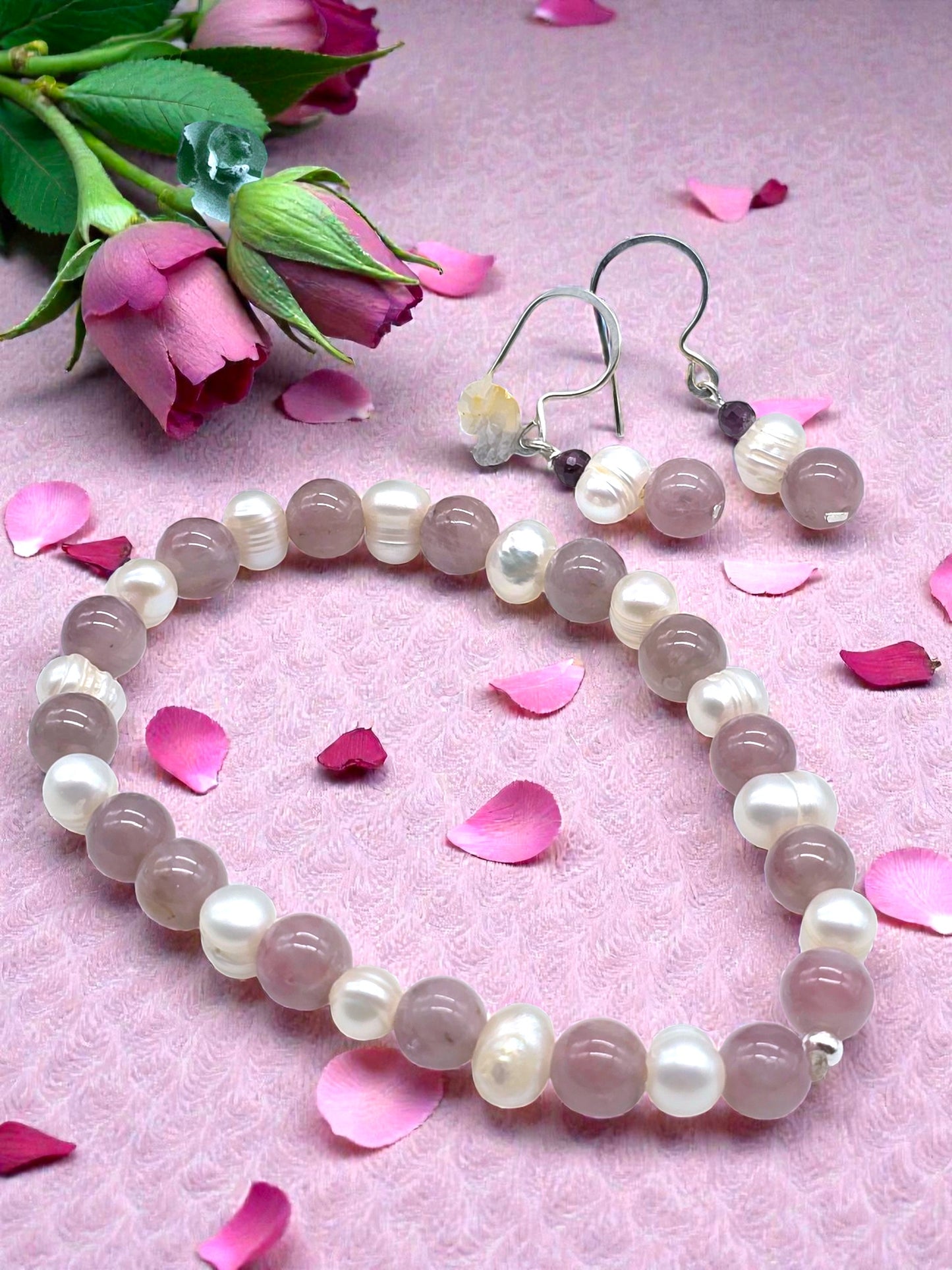 Freshwater Pear and Madagascar Rose Quartz Bracelet and Earring Matching Jewelry Set