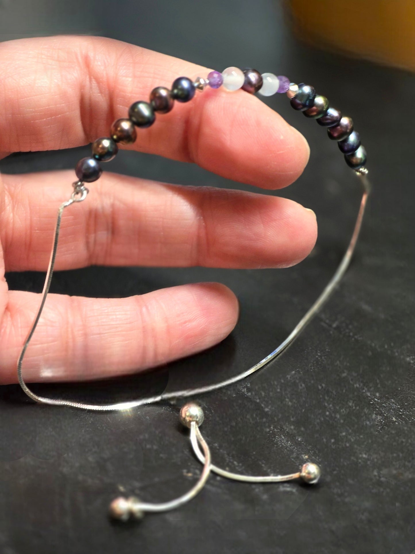 Elegant Black Pearl and Amethyst Adjustable Bracelet