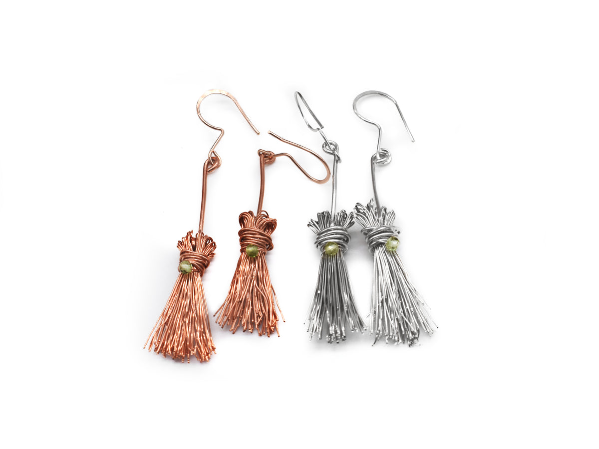 Halloween Broom Stick Earrings/ Sterling Silver/ Copper/ Holiday Earrings/ Halloween Earrings