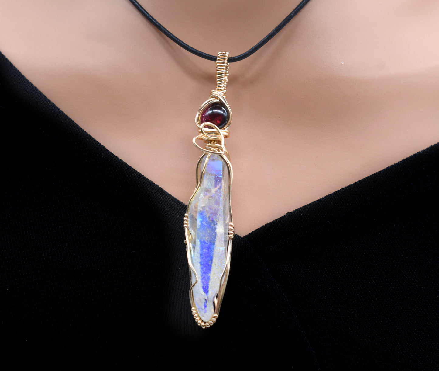 Wire-Wrapped Aura Quartz and Red Garnet Pendant ✨  14K Gold-Filled • Handcrafted • One of a Kind