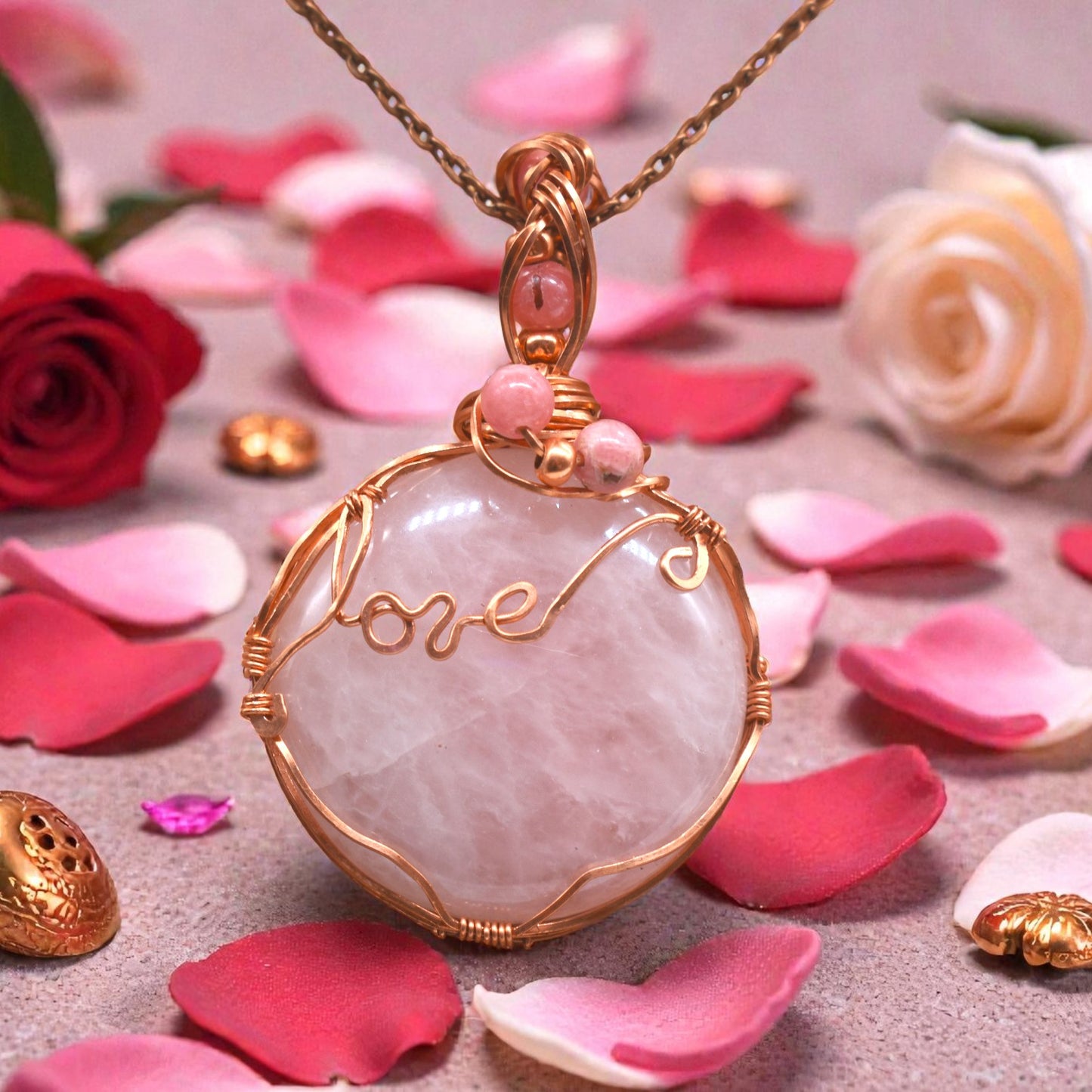 Wrapped Rose Quartz and Rhodolite Pendant ✨with Copper Bead Accents and Braided Veil