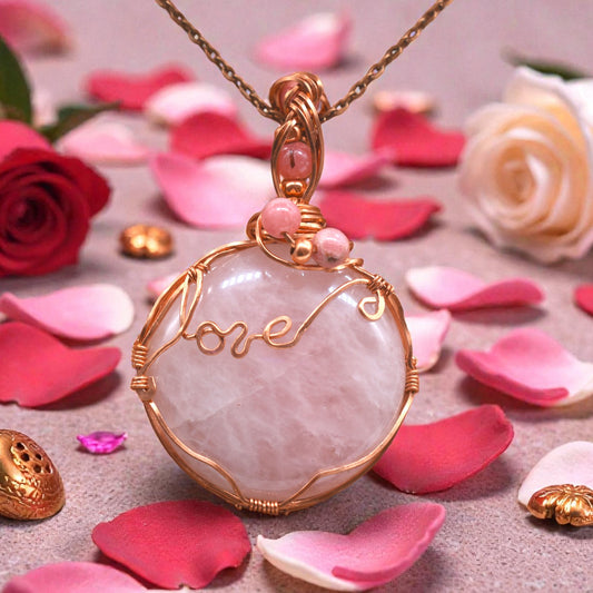 Wrapped Rose Quartz and Rhodolite Pendant ✨with Copper Bead Accents and Braided Veil