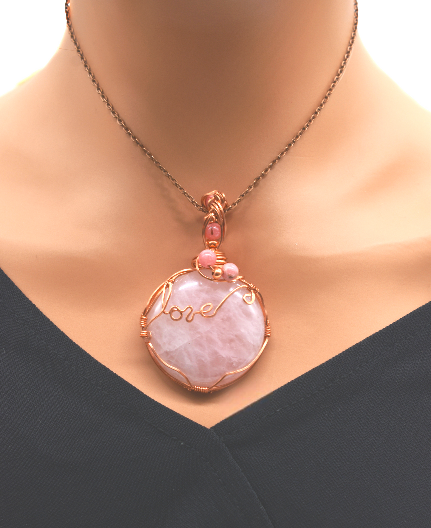 Wrapped Rose Quartz and Rhodolite Pendant ✨with Copper Bead Accents and Braided Veil