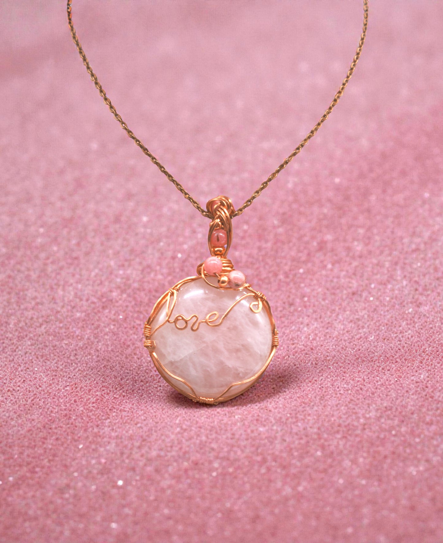 Wrapped Rose Quartz and Rhodolite Pendant ✨with Copper Bead Accents and Braided Veil