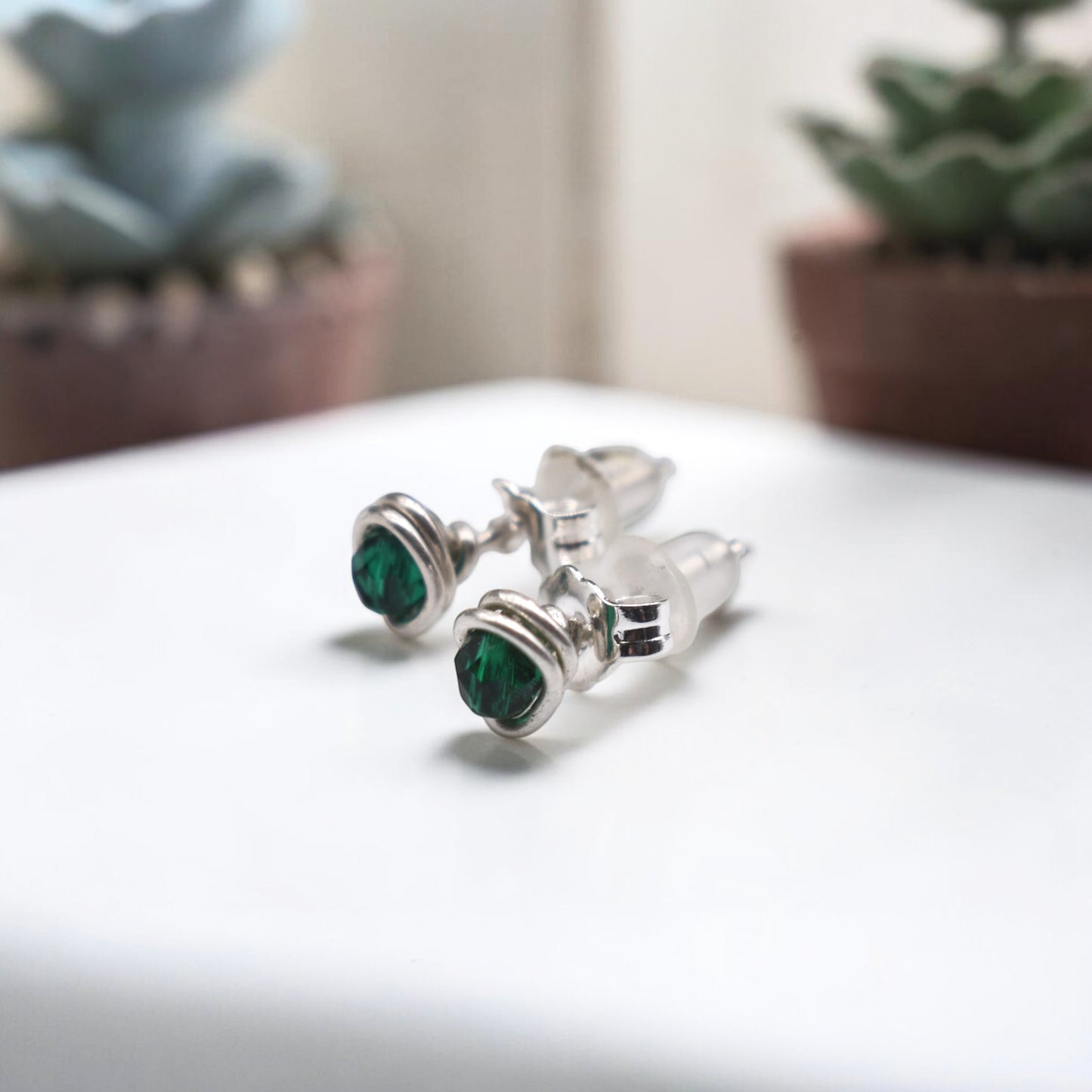 Micro Faceted Emerald Stud Earrings | Sterling Silver, Gold Filled & Rose Gold Filled