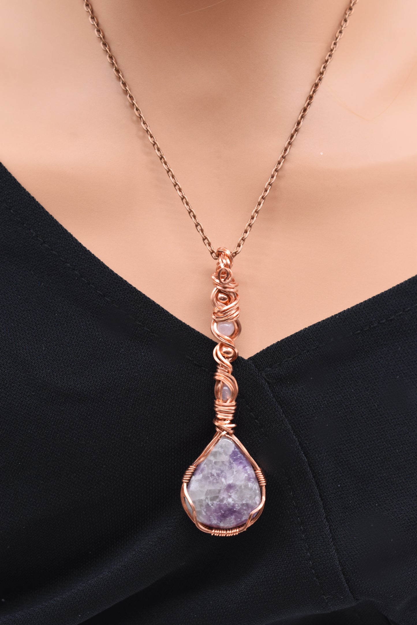 Stunning Wire-Wrapped Lepidolite and Rose Quartz Pendant ✨with Copper Bead Accents
