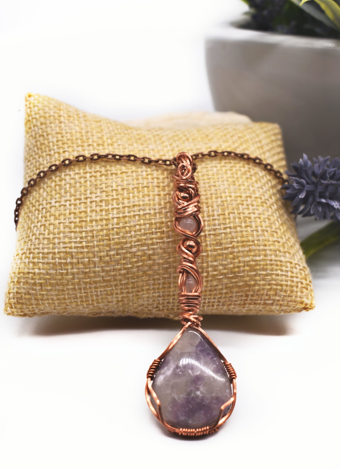 Stunning Wire-Wrapped Lepidolite and Rose Quartz Pendant ✨with Copper Bead Accents