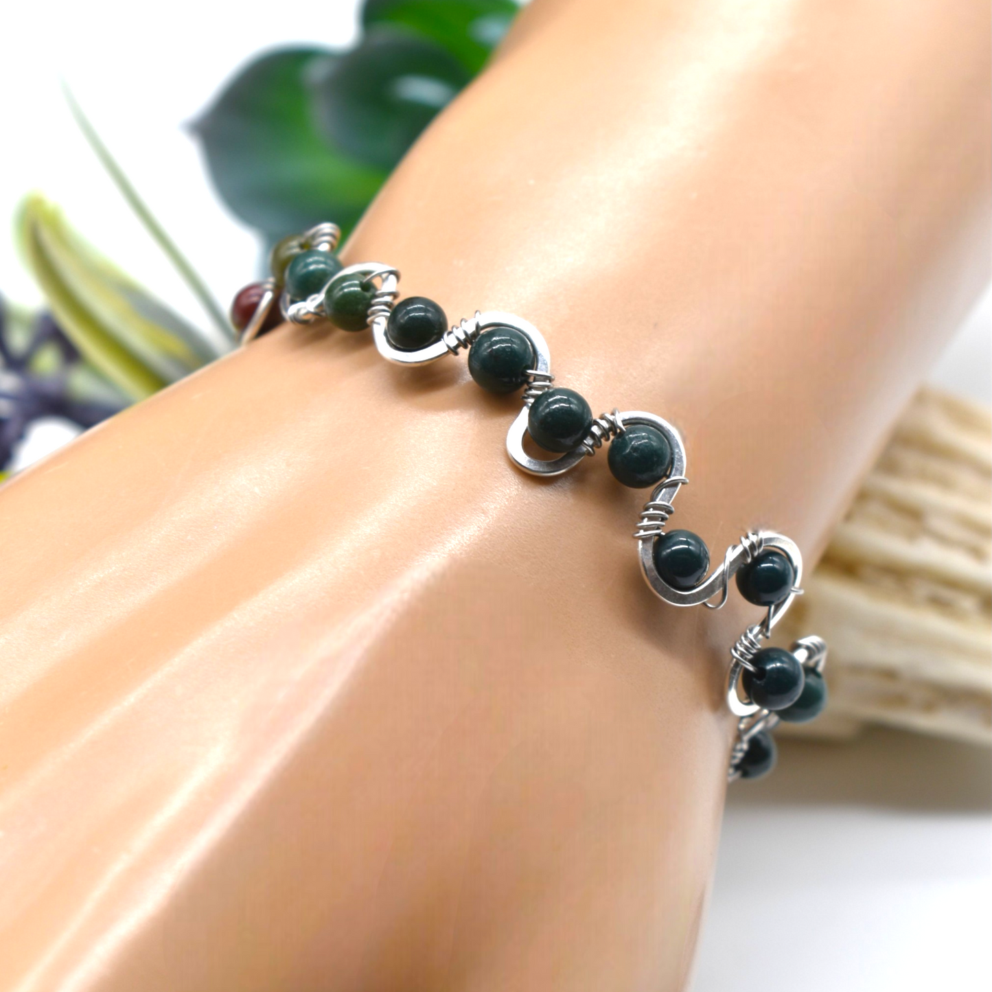 Hand Hammered Bloodstone Bangle Bracelet | Sterling Silver & Gold Filled Gemstone Jewelry