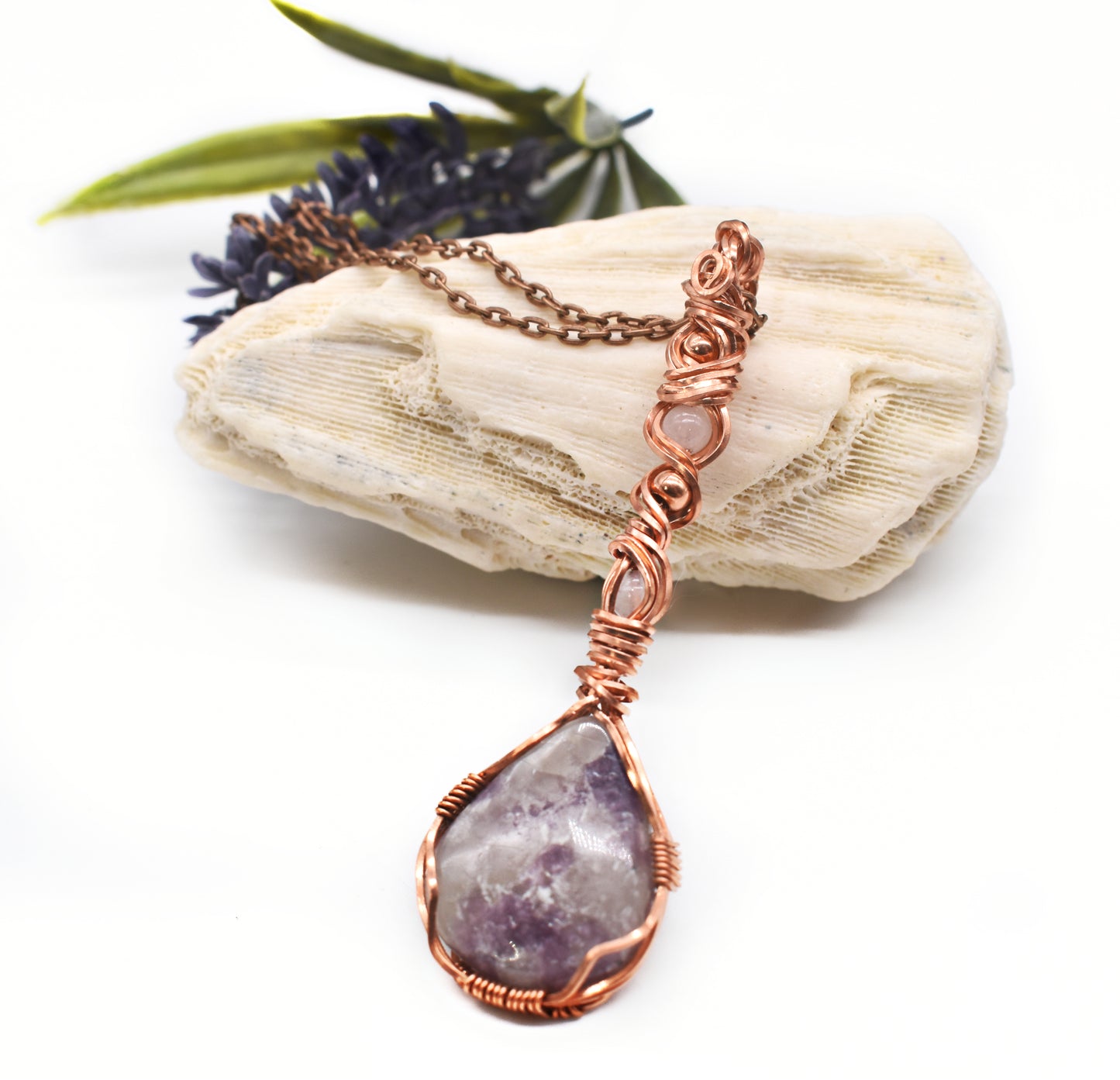 Stunning Wire-Wrapped Lepidolite and Rose Quartz Pendant ✨with Copper Bead Accents
