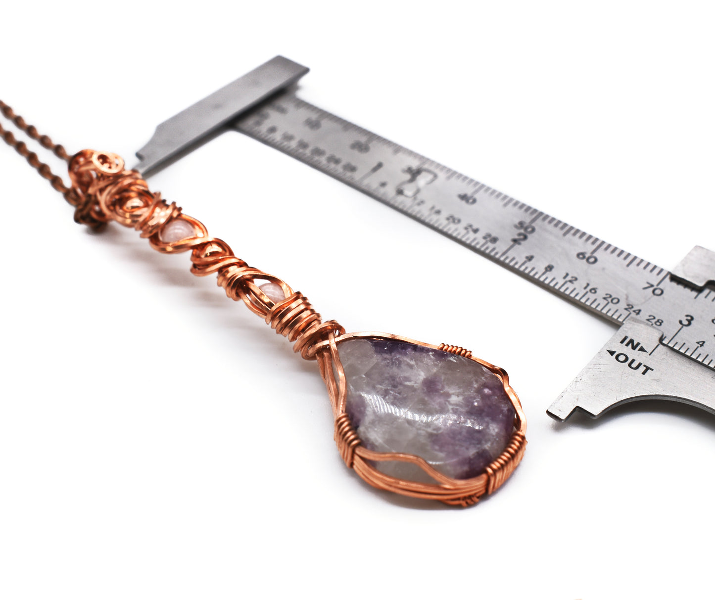 Stunning Wire-Wrapped Lepidolite and Rose Quartz Pendant ✨with Copper Bead Accents