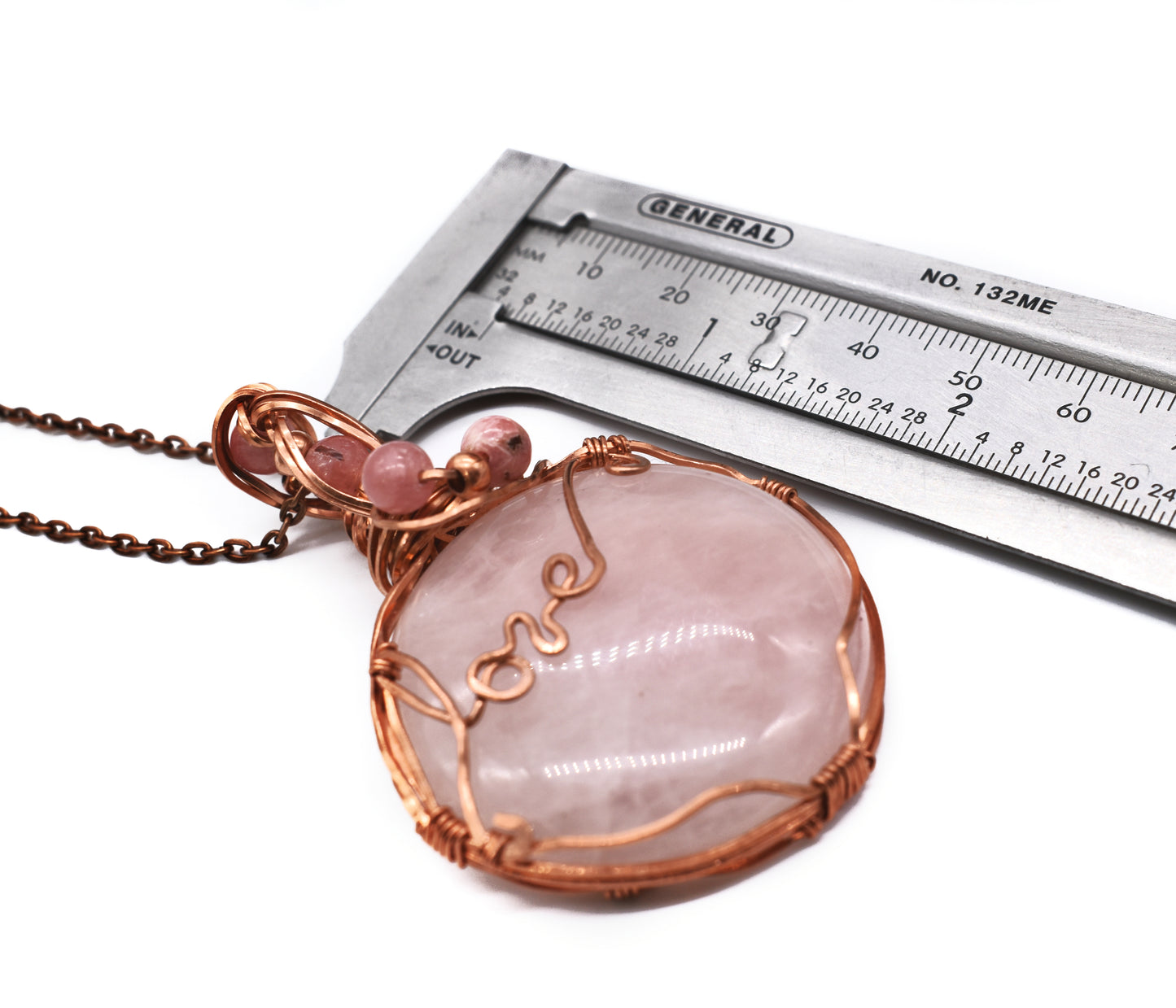 Wrapped Rose Quartz and Rhodolite Pendant ✨with Copper Bead Accents and Braided Veil