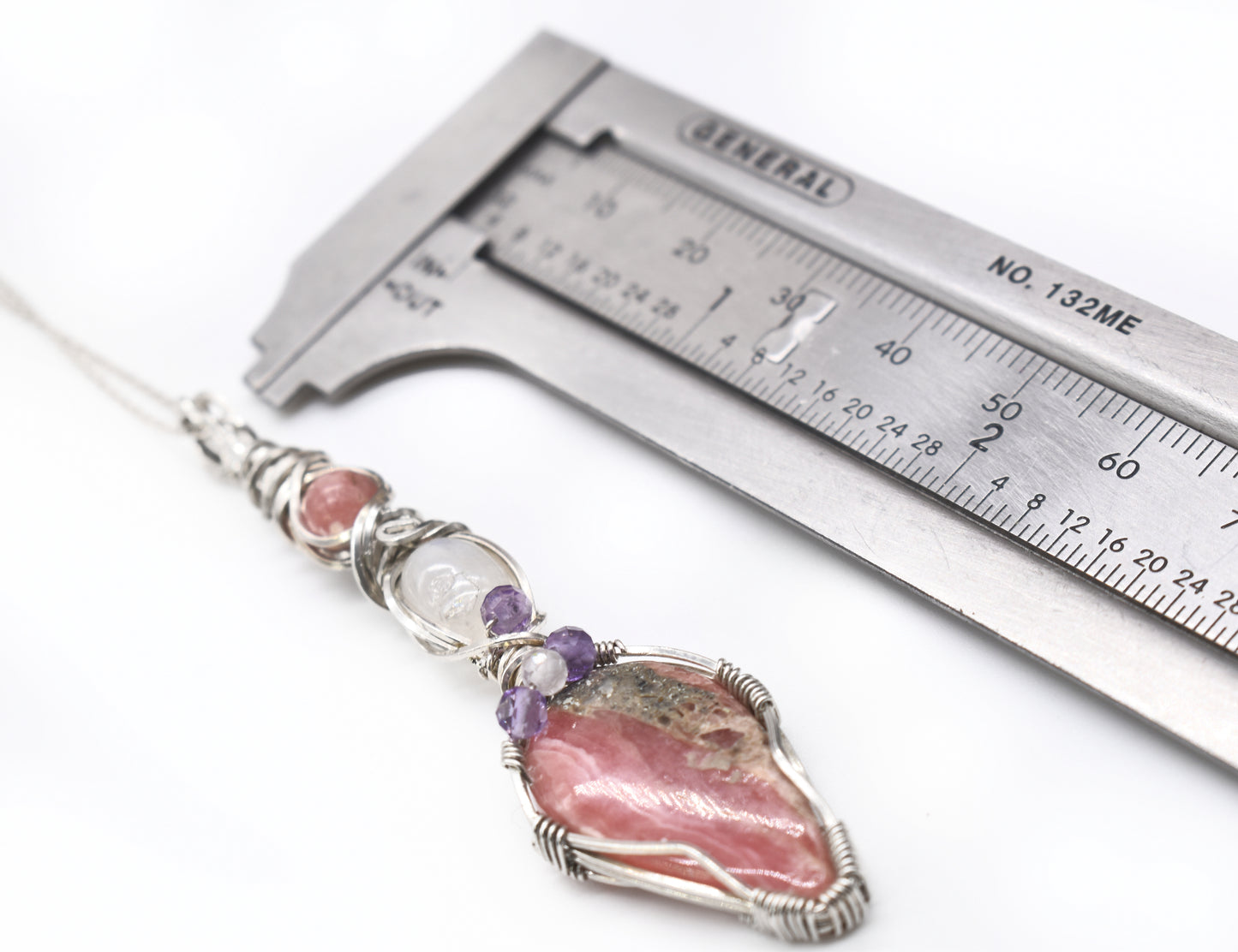 Wire-Wrapped Rhodolite and Moonstone Pendant ✨Sterling Silver • Amethyst and Rose Quartz Micro-Faceted Highlights