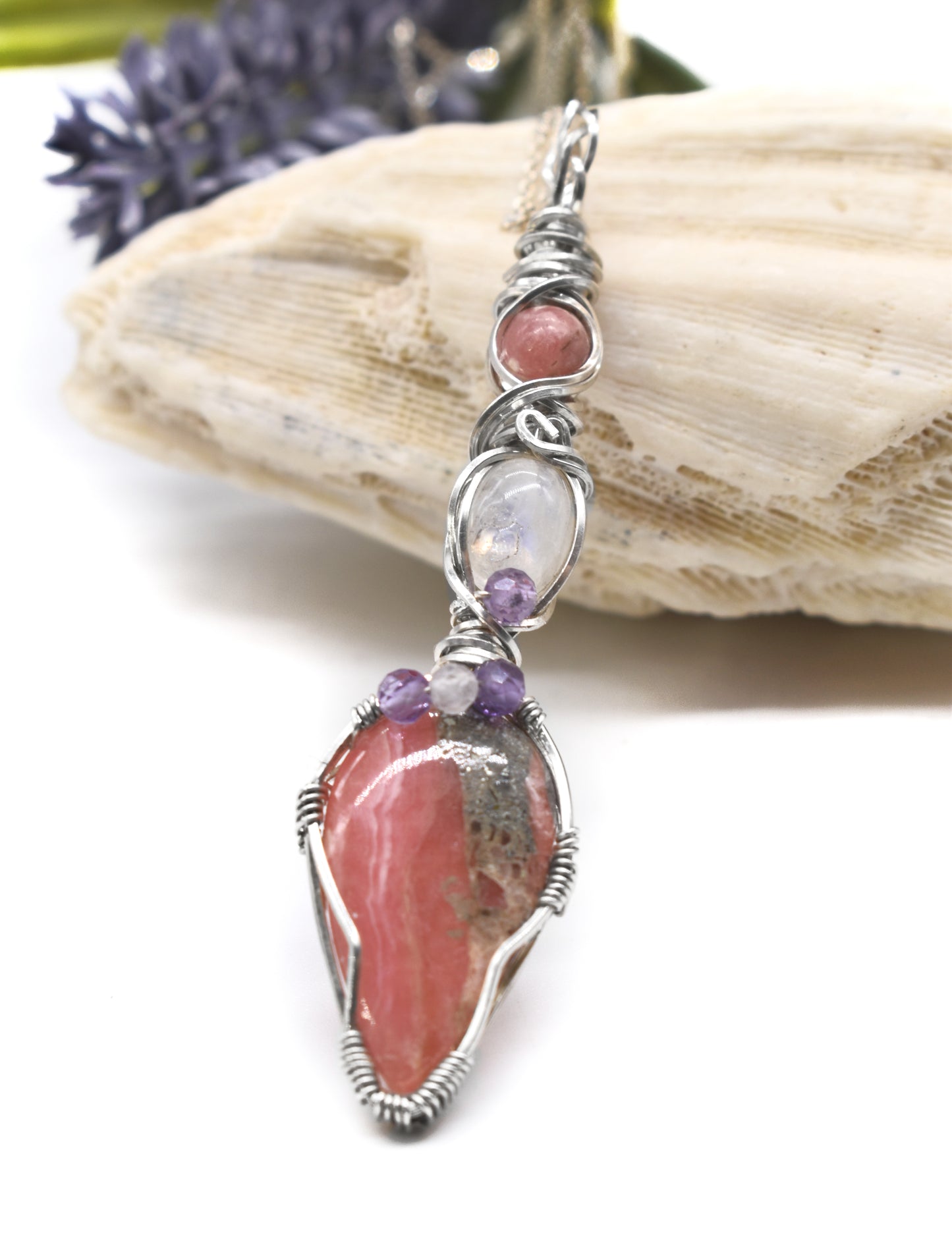 Wire-Wrapped Rhodolite and Moonstone Pendant ✨Sterling Silver • Amethyst and Rose Quartz Micro-Faceted Highlights