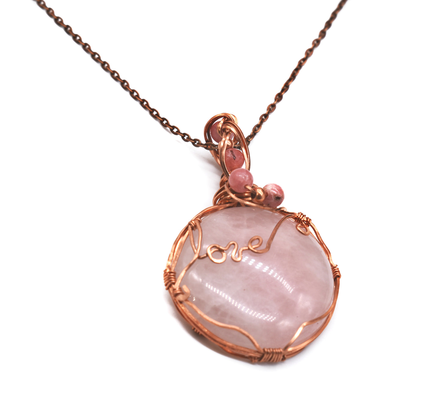 Wrapped Rose Quartz and Rhodolite Pendant ✨with Copper Bead Accents and Braided Veil