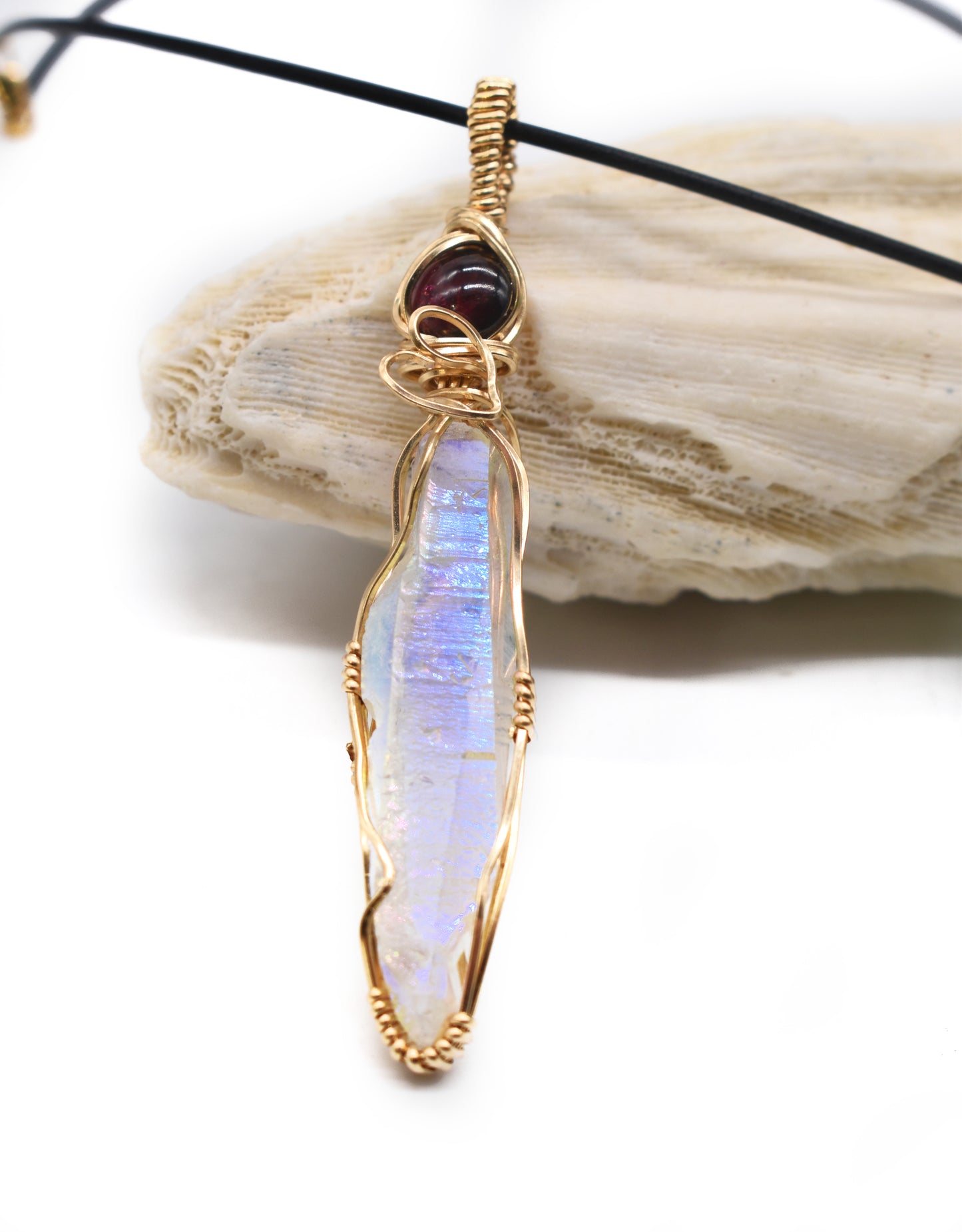 Wire-Wrapped Aura Quartz and Red Garnet Pendant ✨  14K Gold-Filled • Handcrafted • One of a Kind