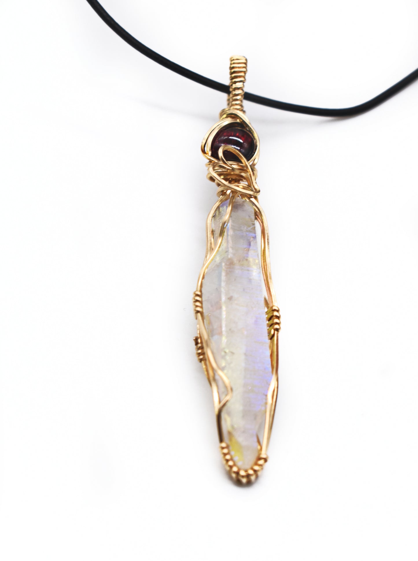 Wire-Wrapped Aura Quartz and Red Garnet Pendant ✨  14K Gold-Filled • Handcrafted • One of a Kind