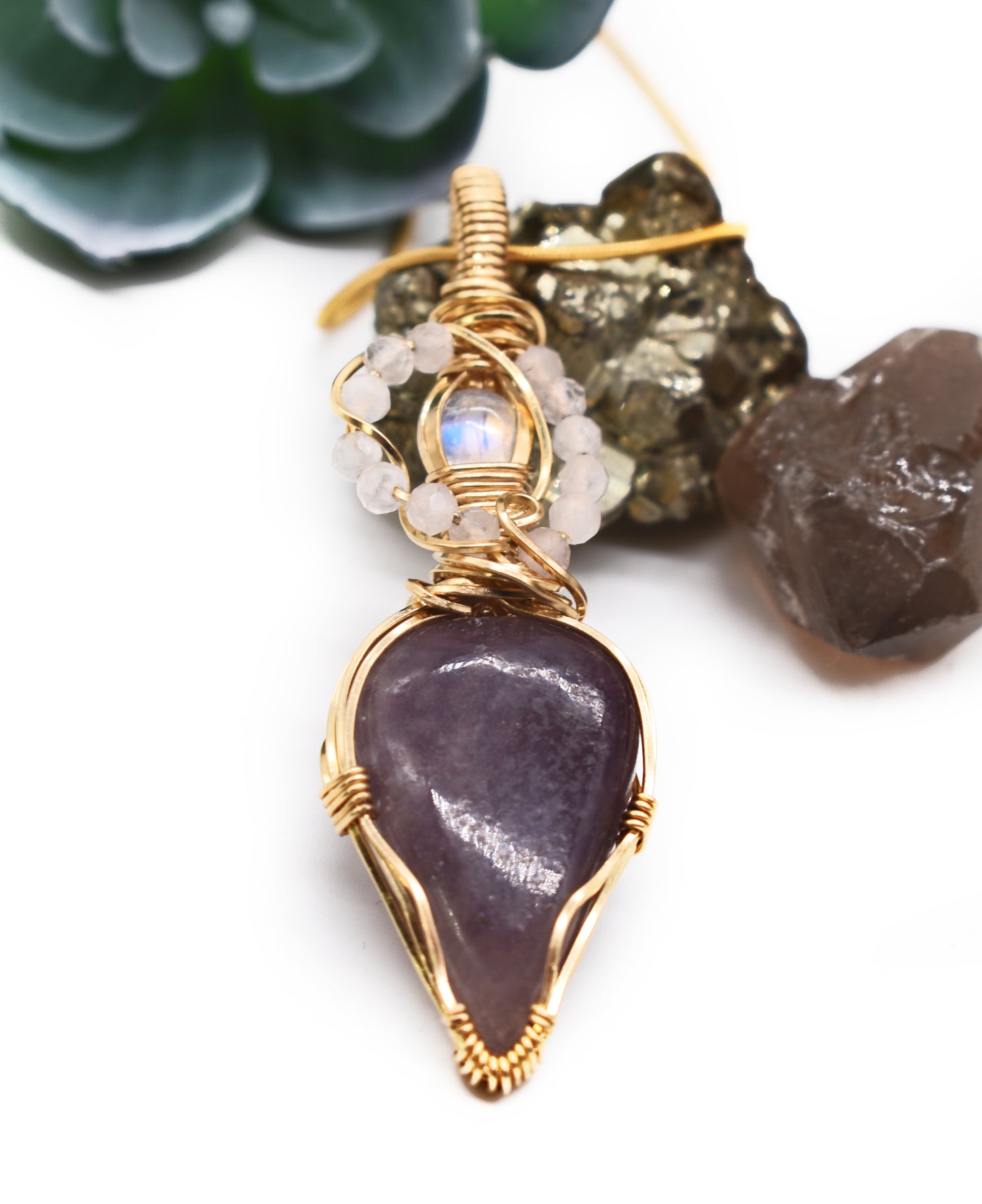 Lepidolite and Moonstone Pendant ✨ 14K Gold-Filled • Micro-Faceted Rose Quartz Highlights