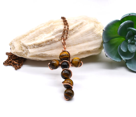 ✨ Beaded Wire Wrapped Cross Gemstone Pendant