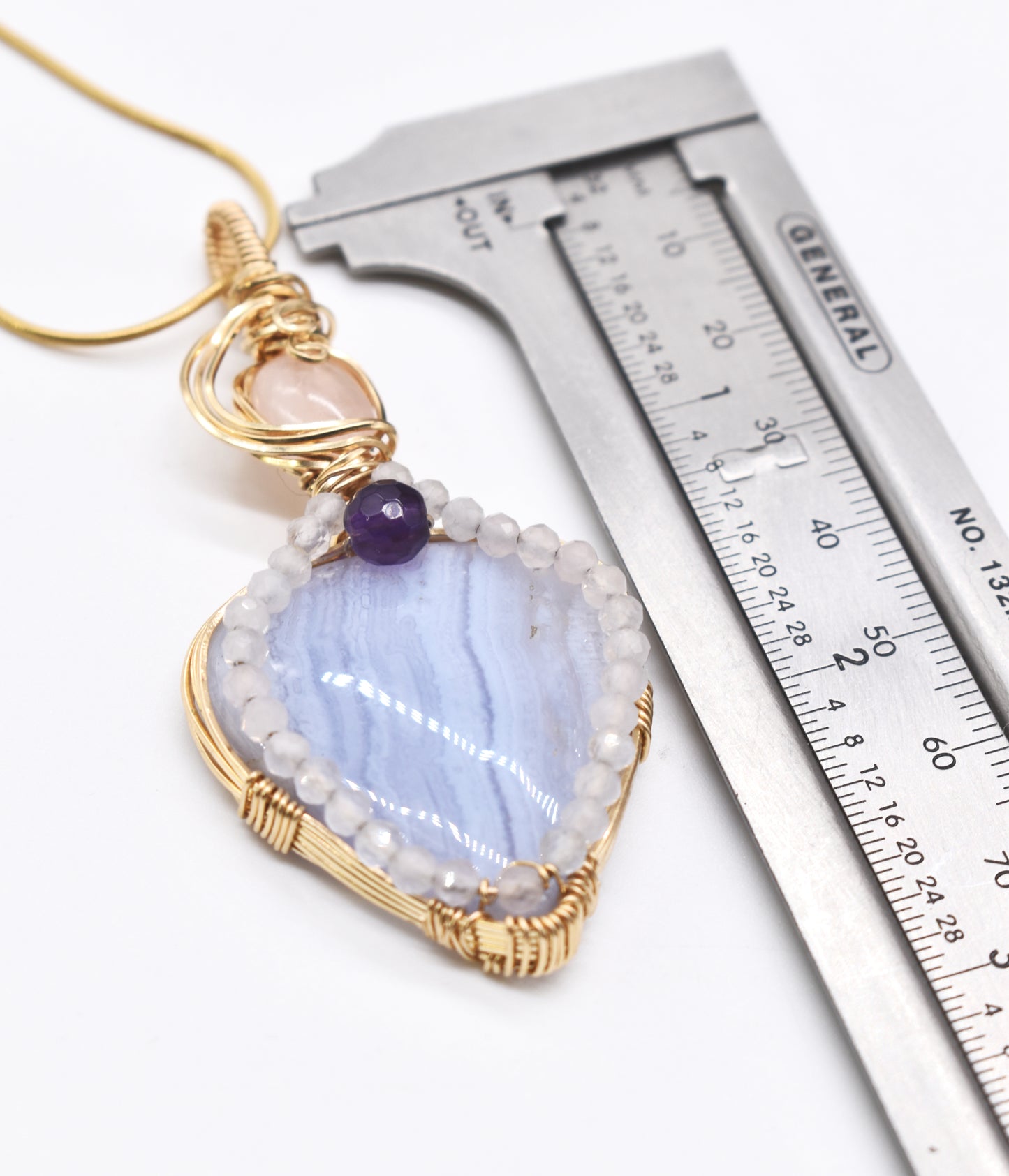 Wire-Wrapped Blue Lace Agate and Rose Quartz Pendant ✨  14K Gold-Filled • Faceted Amethyst Center • Micro-Faceted Rose Quartz Highlights