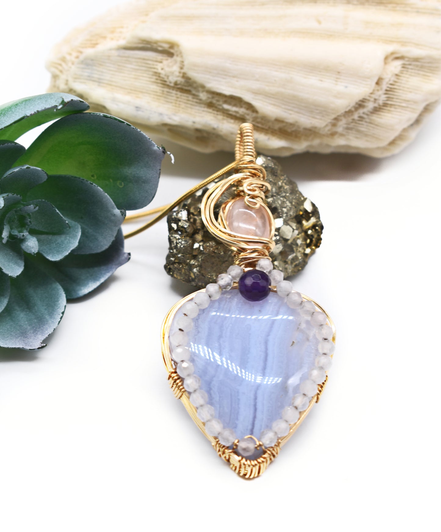Wire-Wrapped Blue Lace Agate and Rose Quartz Pendant ✨  14K Gold-Filled • Faceted Amethyst Center • Micro-Faceted Rose Quartz Highlights