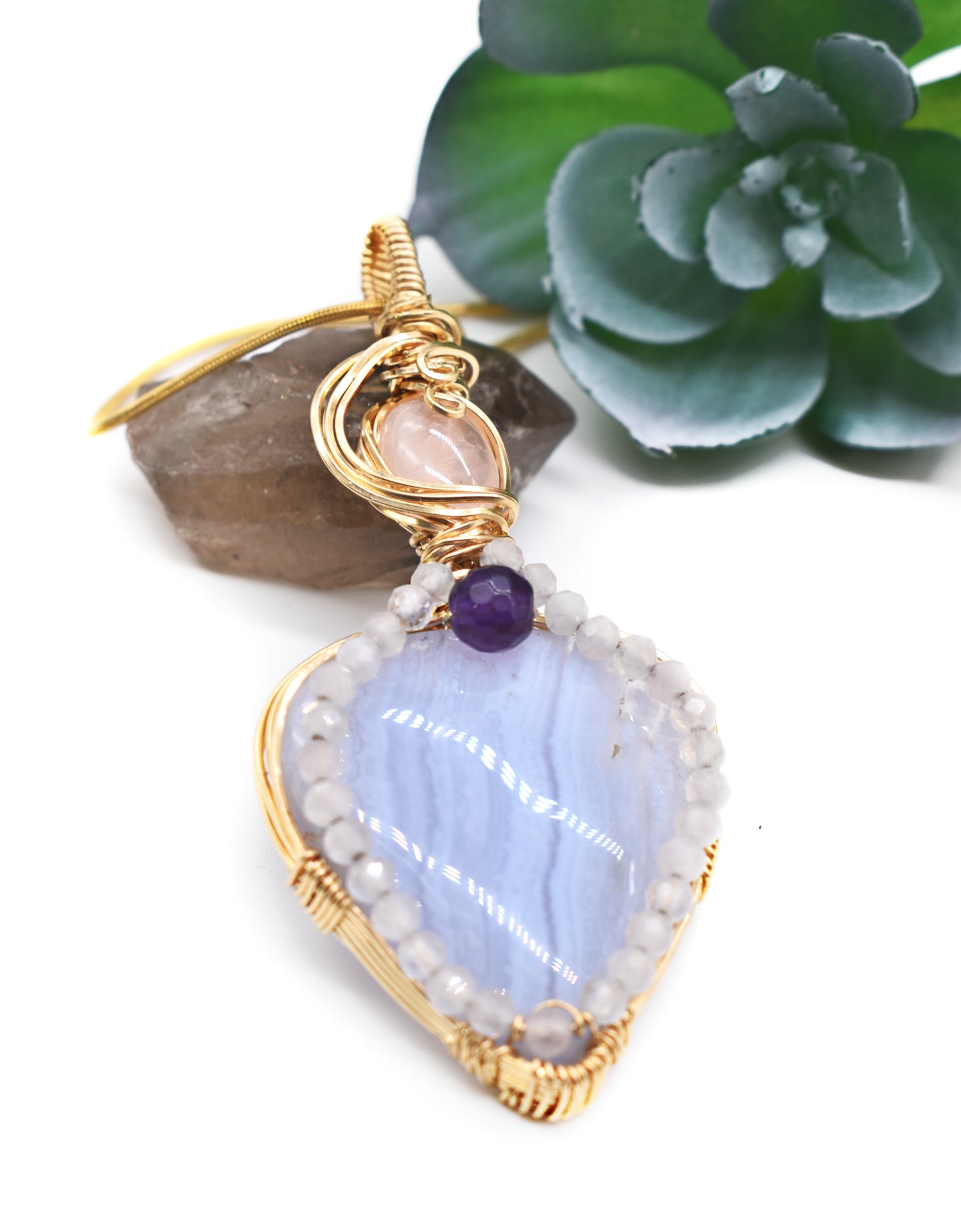 Wire-Wrapped Blue Lace Agate and Rose Quartz Pendant ✨  14K Gold-Filled • Faceted Amethyst Center • Micro-Faceted Rose Quartz Highlights