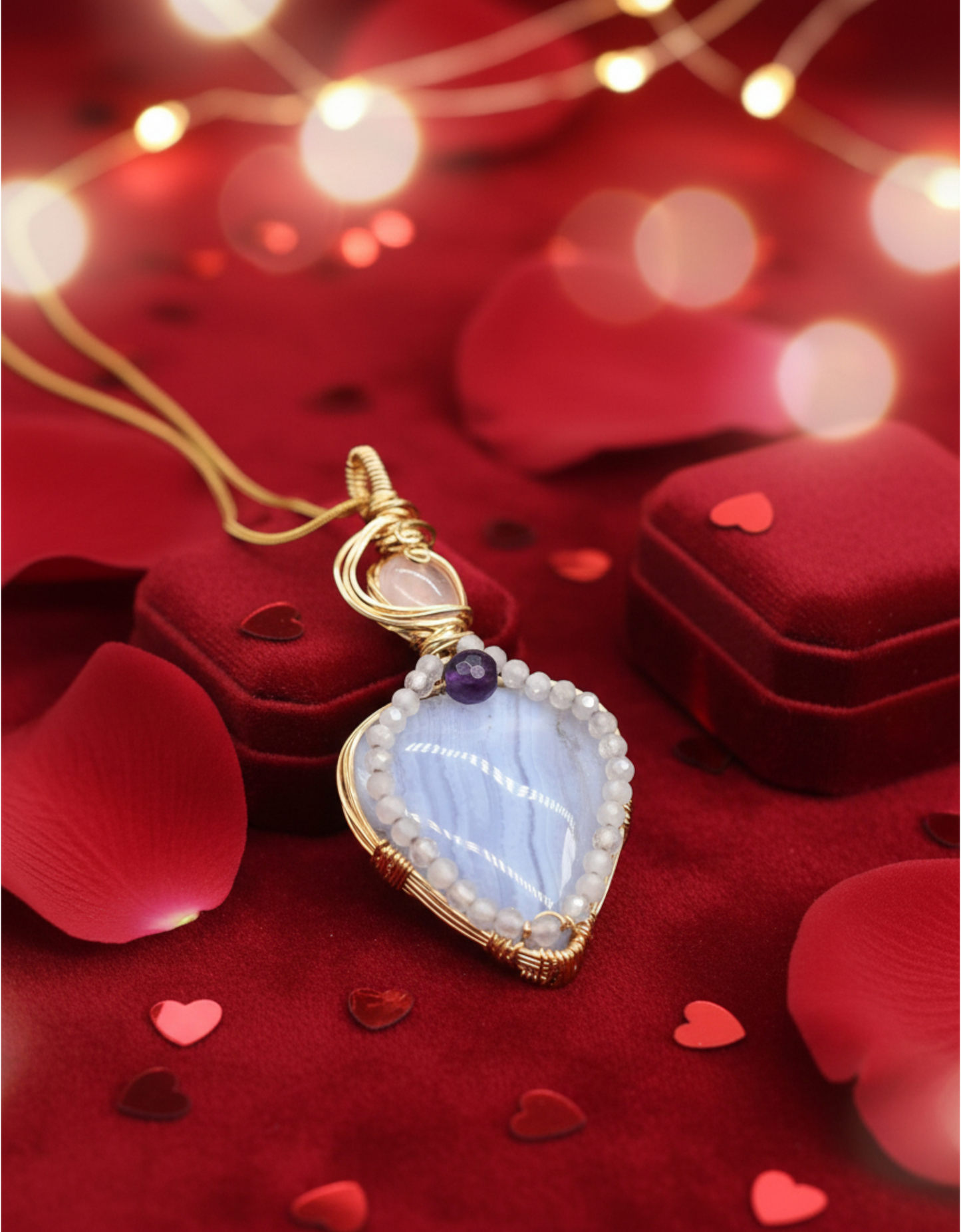 Wire-Wrapped Blue Lace Agate and Rose Quartz Pendant ✨  14K Gold-Filled • Faceted Amethyst Center • Micro-Faceted Rose Quartz Highlights